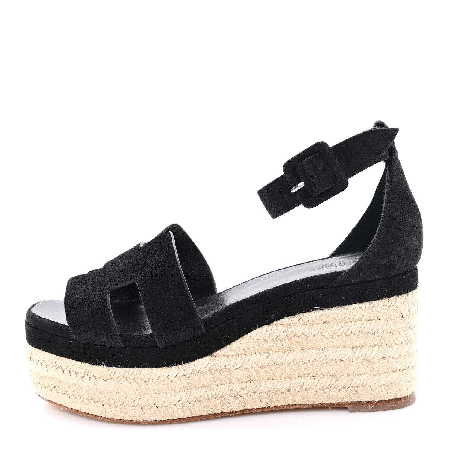Hermes Goatskin Elda Espadrille Wedge Sandals 37 Black 1855612