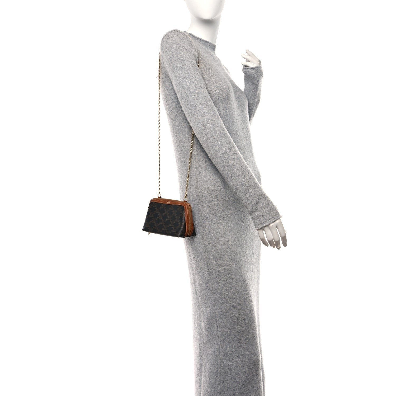 Celine Triomphe Canvas Calfskin Mini Clutch on Chain Tan 2 of 9