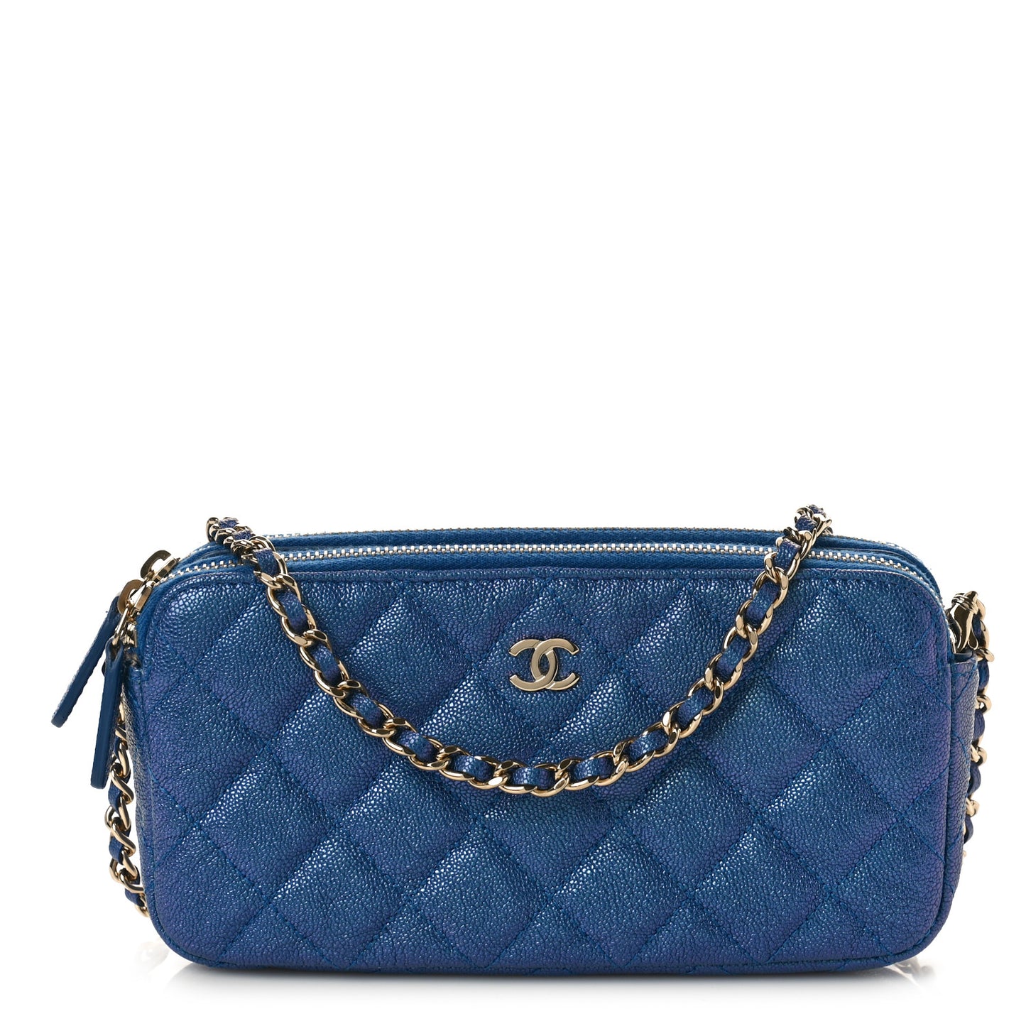 Iridescent Caviar Quilted Clutch With Chain Dark Blue