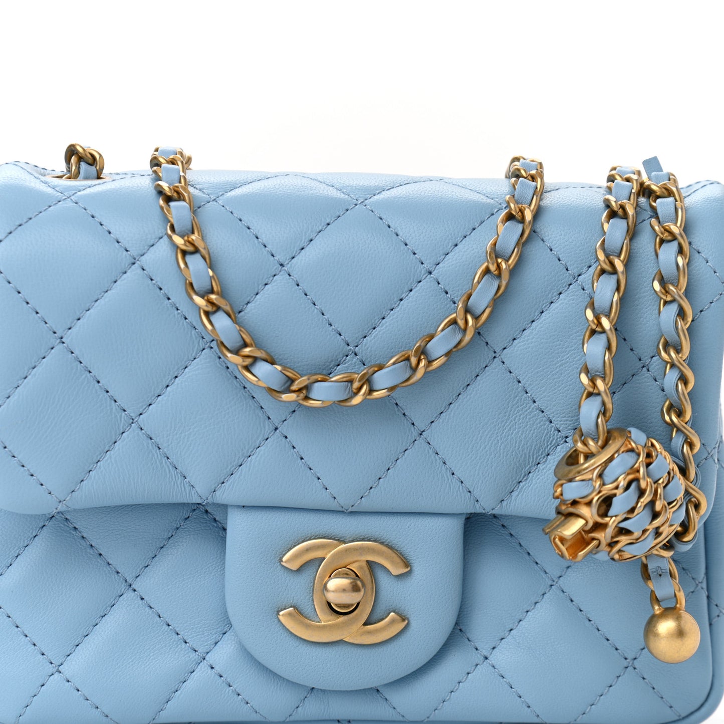 Lambskin Quilted Mini Pearl Crush Flap Light Blue