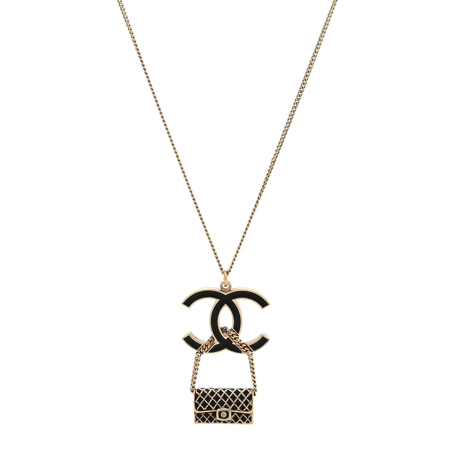 Enamel Pearl CC Flap Pedant Necklace Black