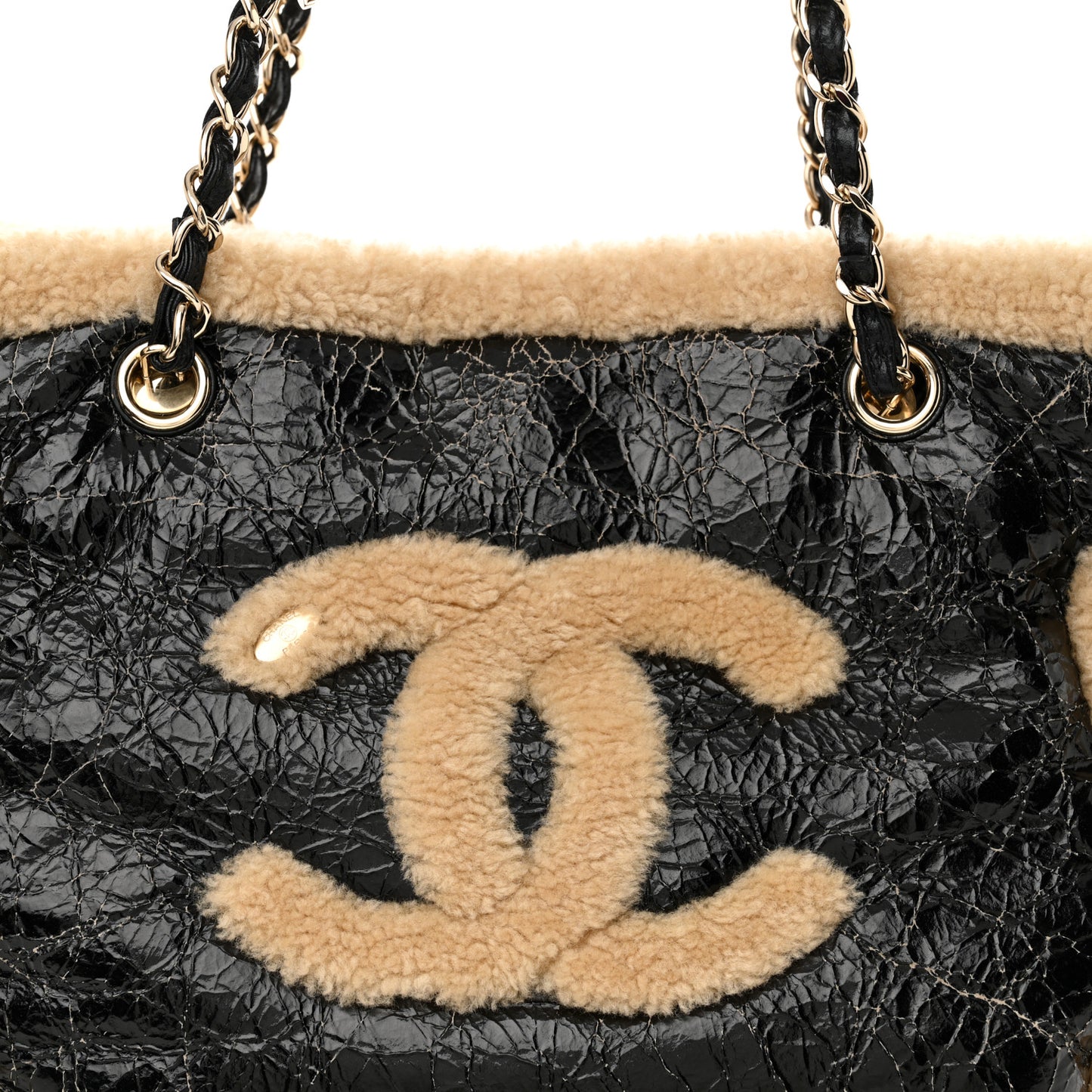 Shiny Crumpled Sheepskin Shearling CC Mania Tote Bag Black Beige