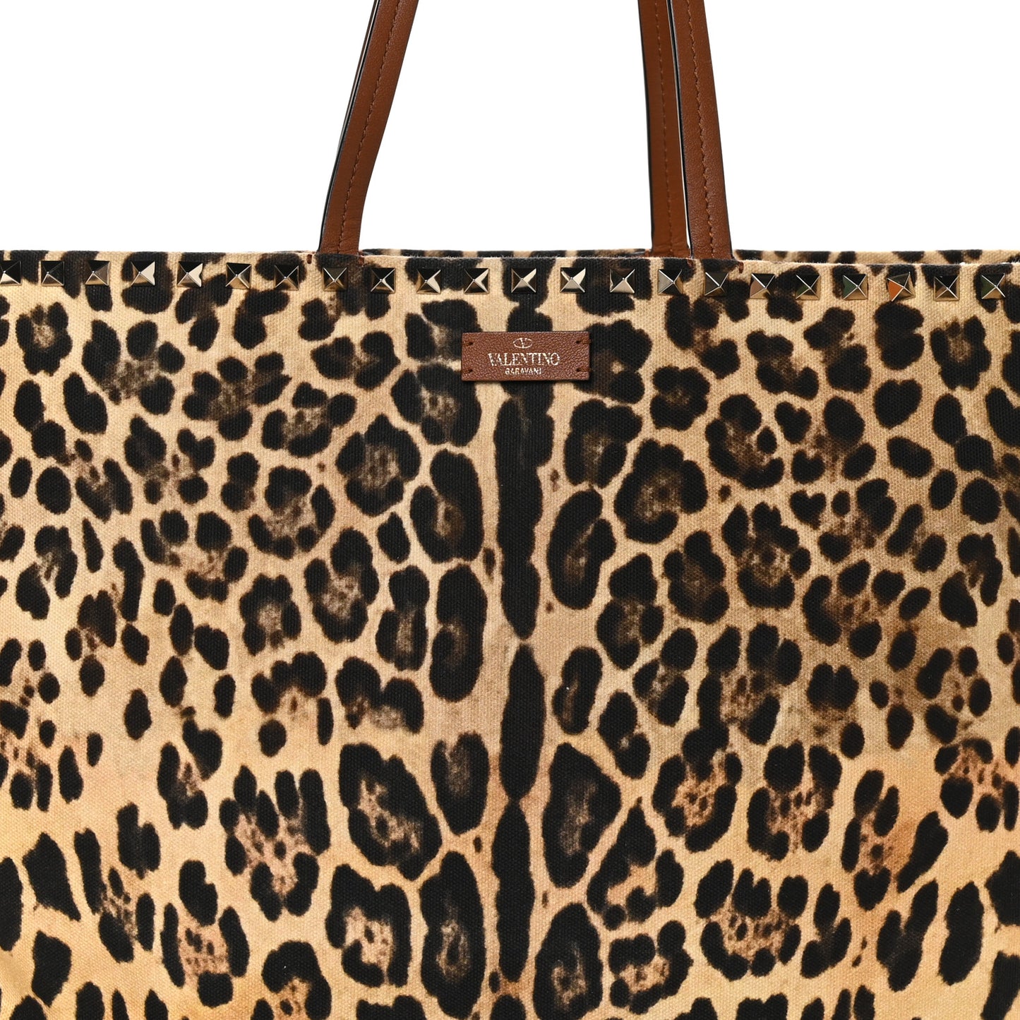 VALENTINO GARAVANI Canvas Nappa Leopard Print Rockstud Tote Brown