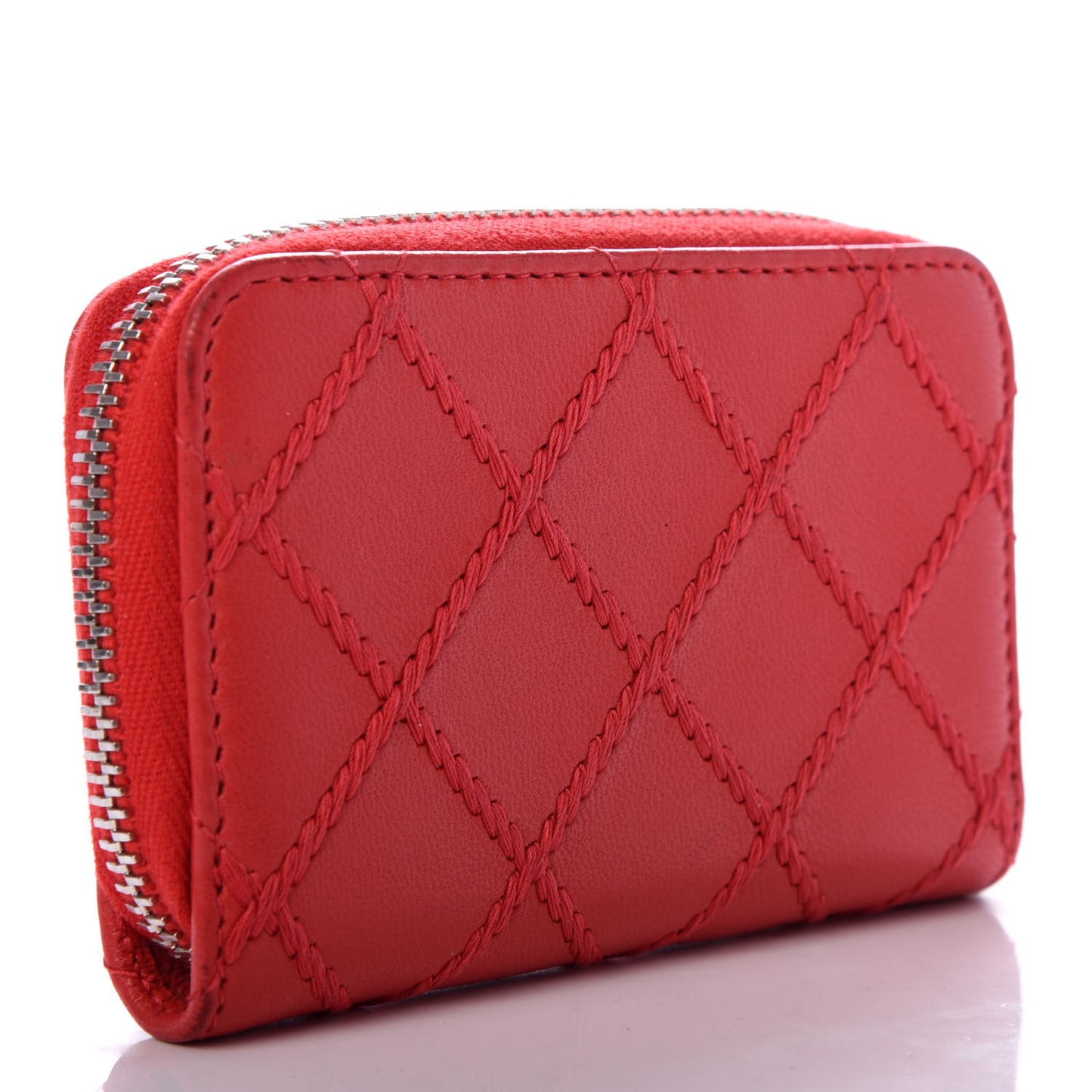 Lambskin Double Stitch Zip Coin Purse Coral Pink