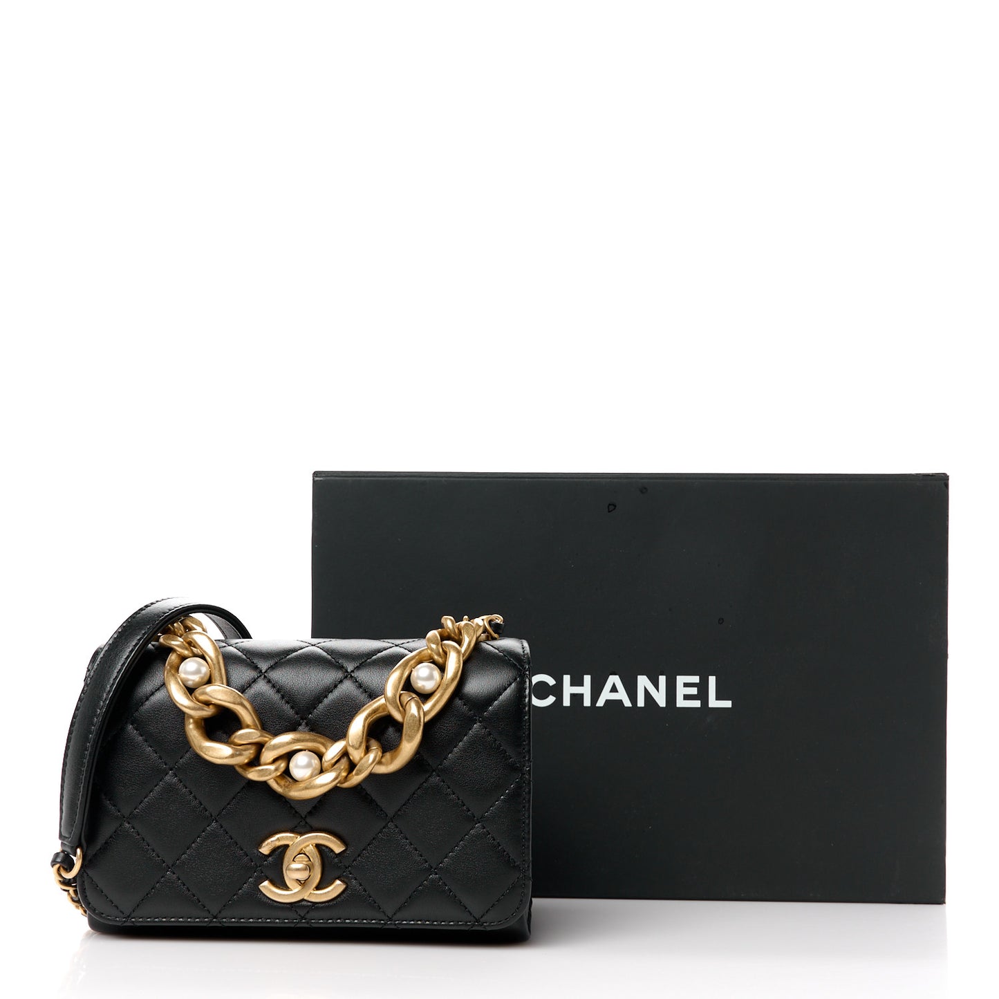 Calfskin Quilted Pearl Jewel Chain Flap Black