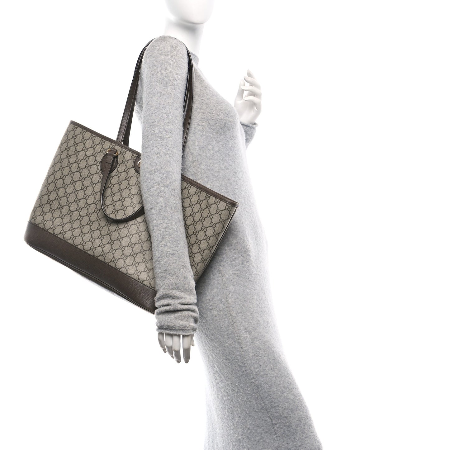 GG Supreme Monogram Textured Calfskin Medium Ophidia Shoulder Tote Bag Beige Ebony New Acero