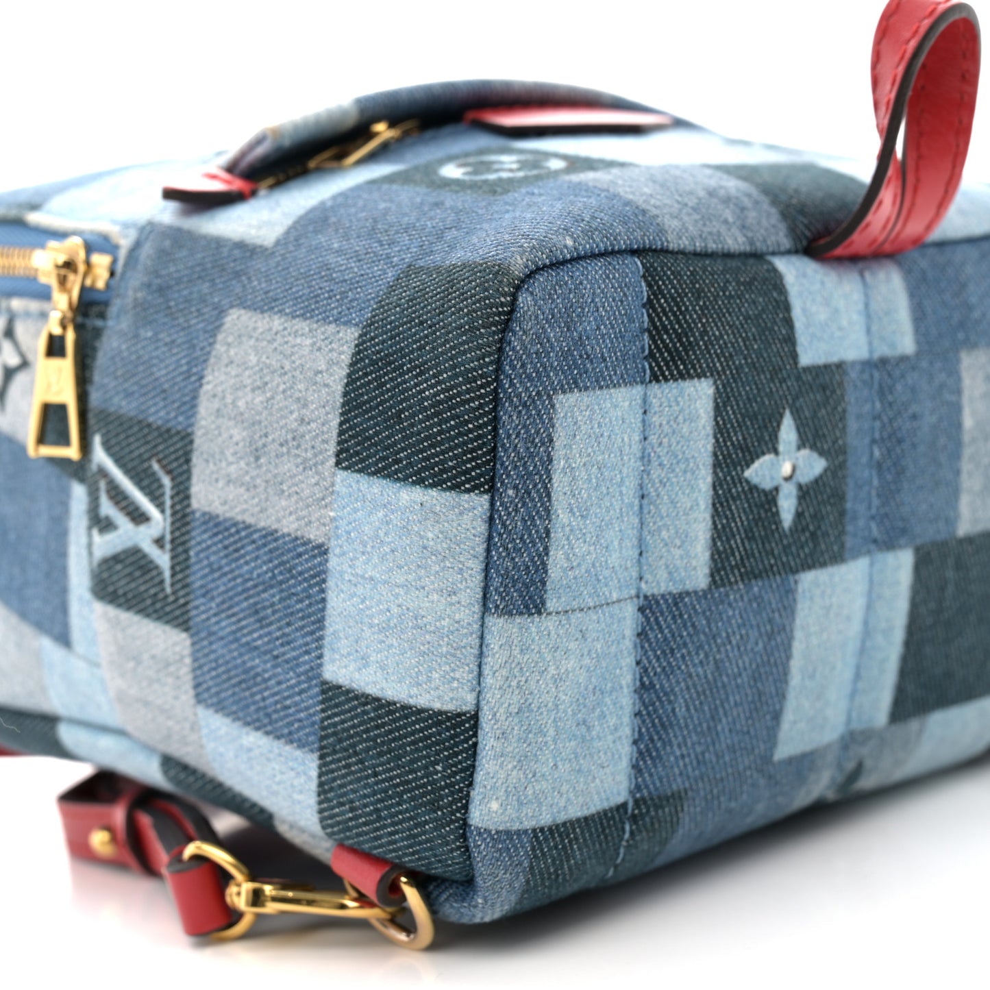 Denim Damier Monogram Patchwork Palm Springs Backpack Mini Blue Rouge
