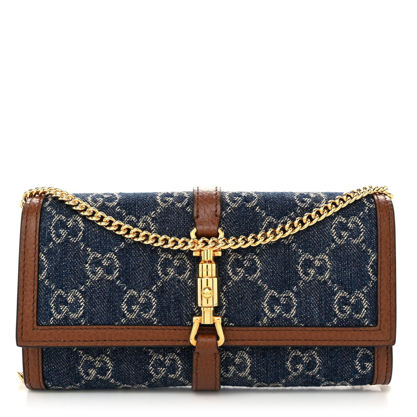 New Denim GG Monogram Jackie 1961 Chain Wallet Blue Tea Cuir