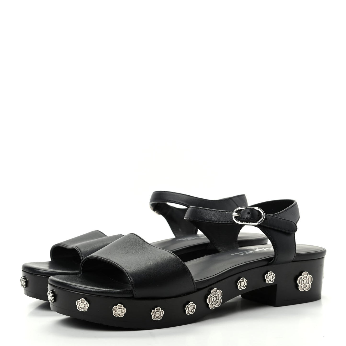 Calfskin Camellia Platform Sandals 39 Black