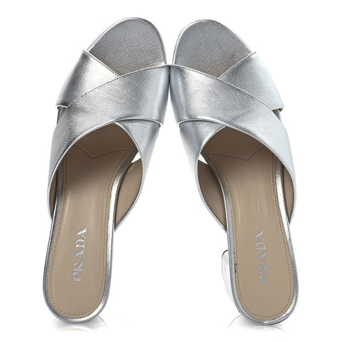 Metallic Saffiano Crisscross Platform Sandals 41 Silver