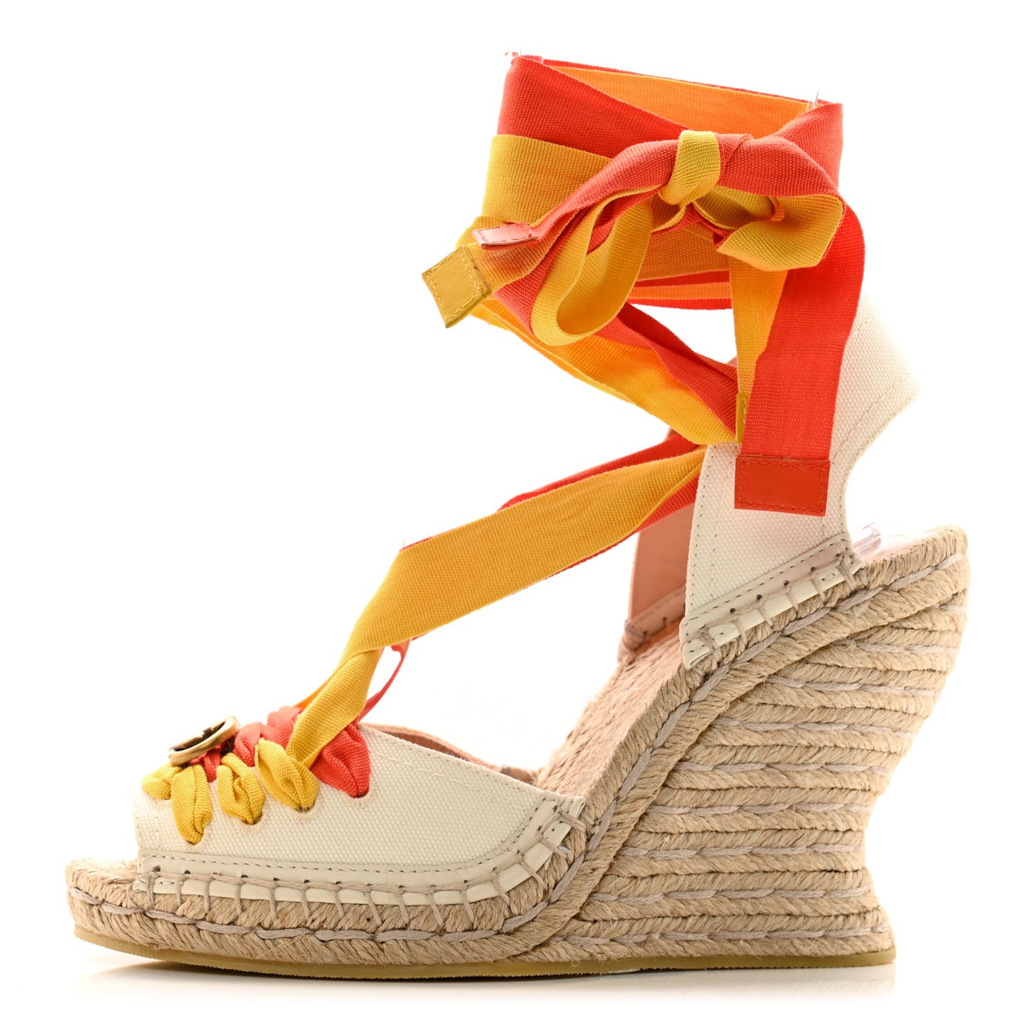 Canvas Ankle Wrap Interlocking G Platform 35/120mm Espadrille Wedges 36.5 Orange Yellow