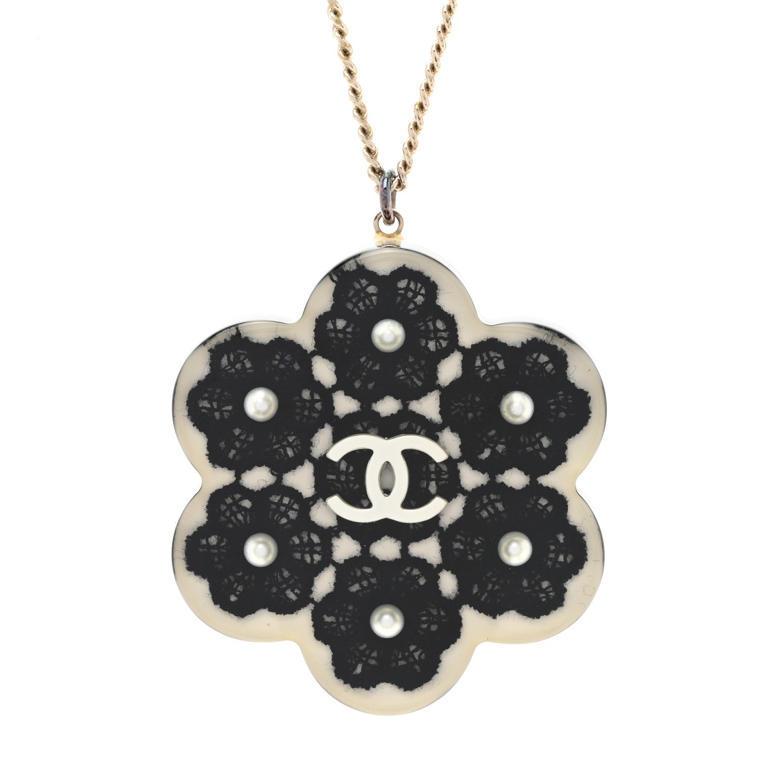 Chanel Resin Pearl Lace CC Necklace Black Gold 4 of 9