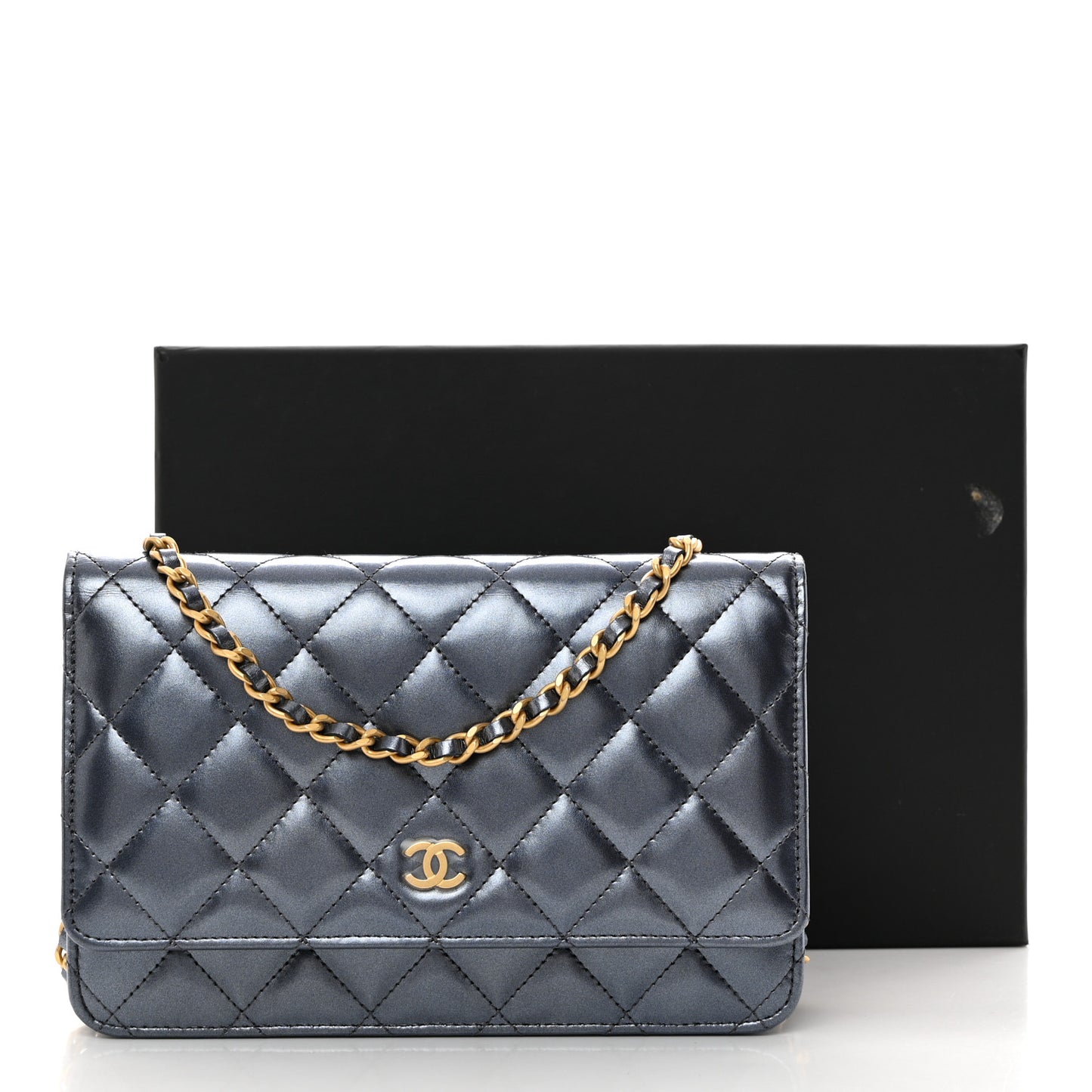 Metallic Lambskin Wallet On Chain WOC Dark Blue