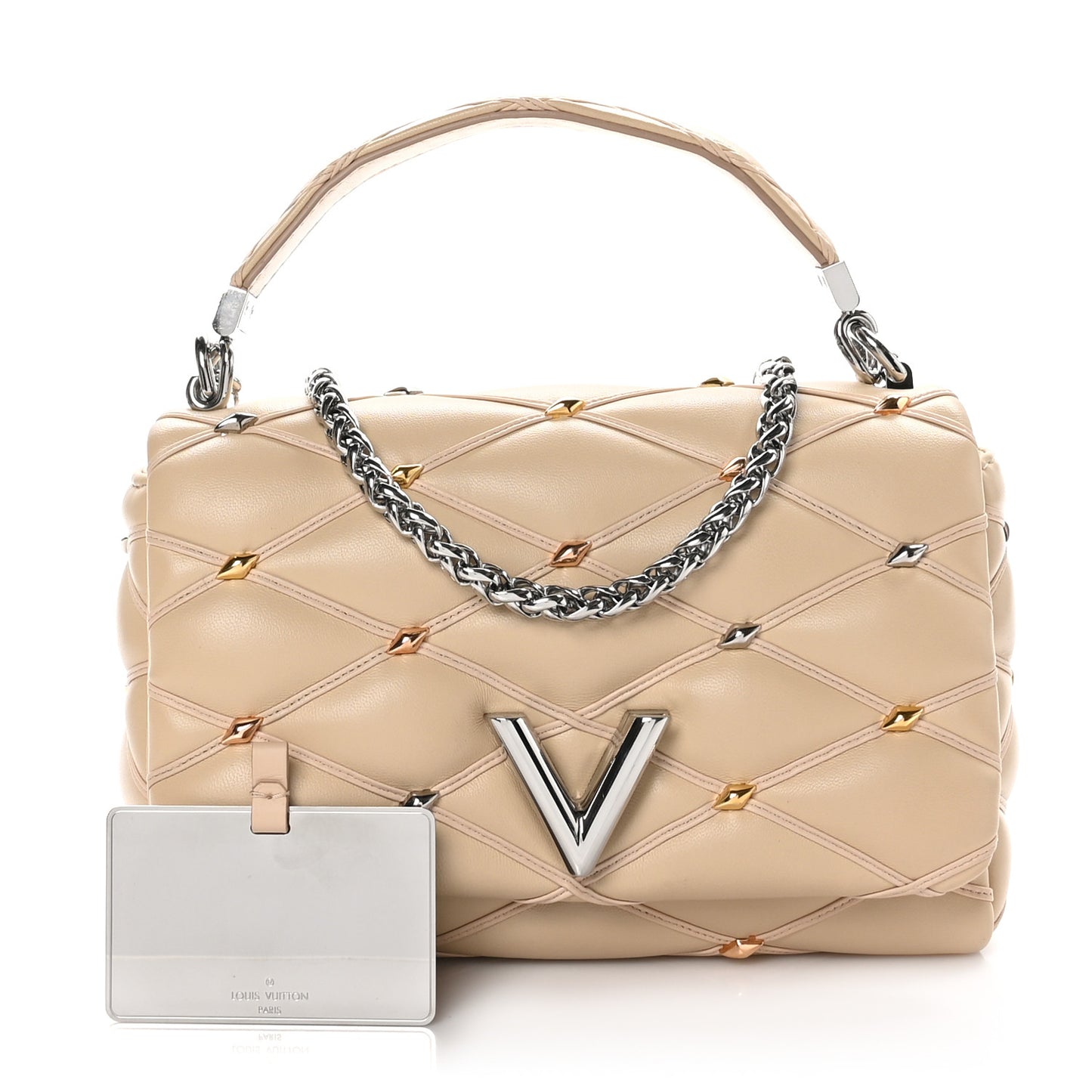 Lambskin Studded Malletage Top Handle GO-14 MM Beige