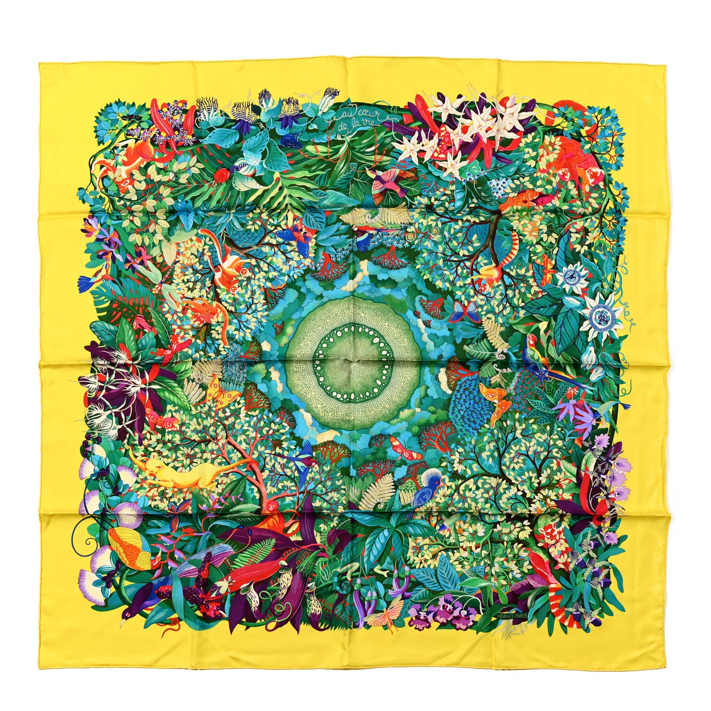 Silk Au Coeur de la Vie Scarf 90 Jaune Vif Turquoise Vert