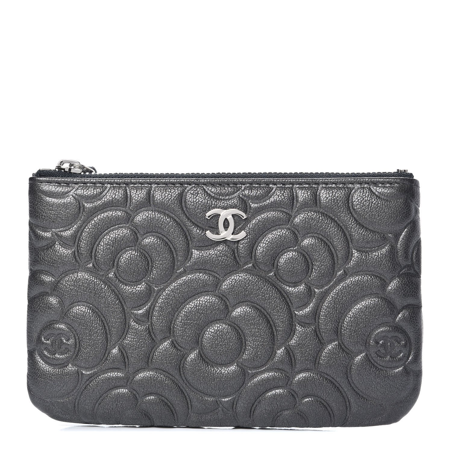 Chanel Goatskin Camellia Embossed Cosmetic Pouch Anthracite 1 of 8