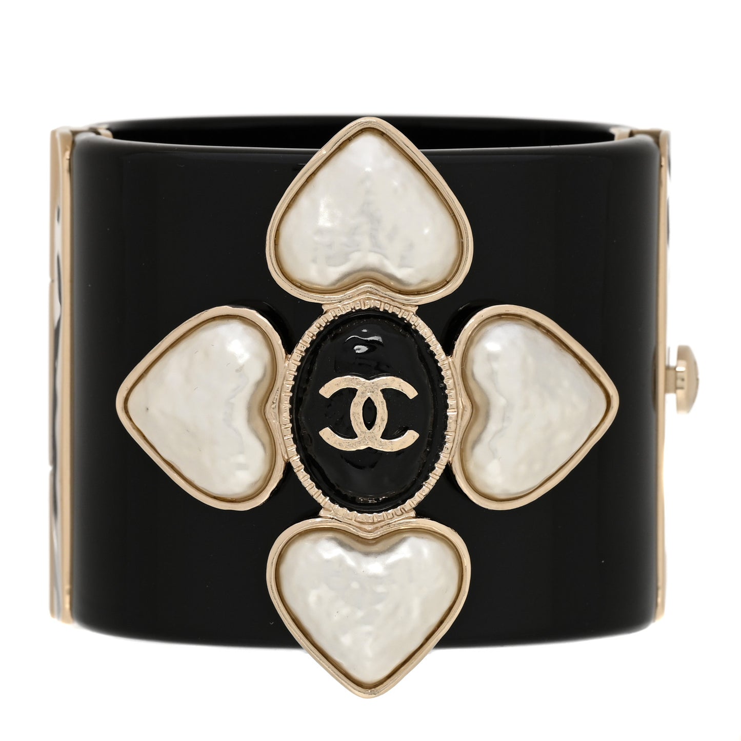 Resin Pearl Enamel CC Cuff Bracelet Black Pearly White Gold