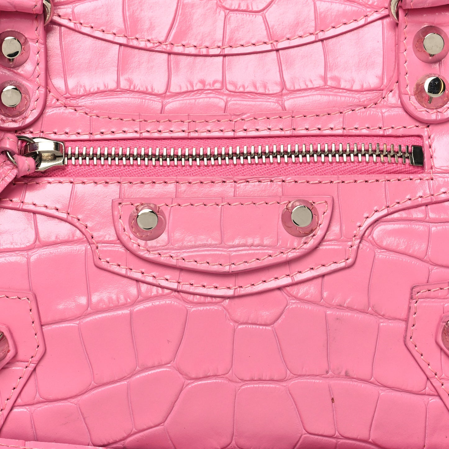Shiny Supple Calfskin Crocodile Embossed Classic Silver Hardware Mini City Baby Pink