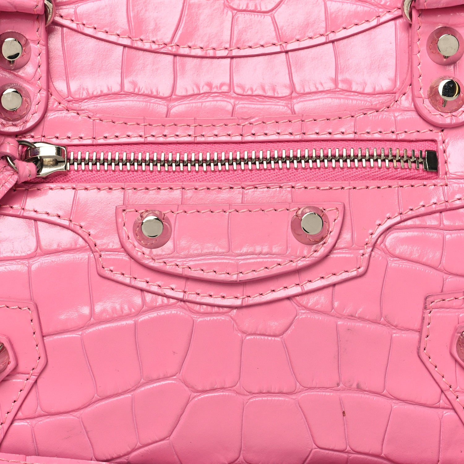 Balenciaga Shiny Supple Calfskin Crocodile Embossed Classic Silver Hardware Mini City Baby Pink 9 of 14