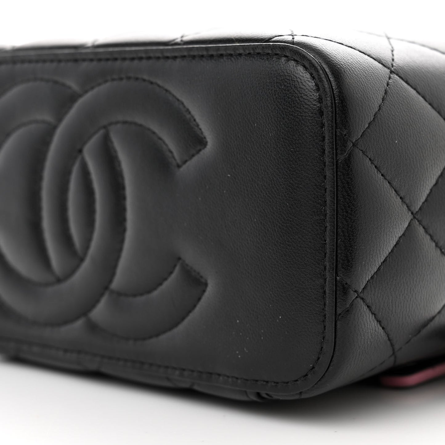 Lambskin Quilted Small Top Handle Vanity Case With Chain Black Lilac
