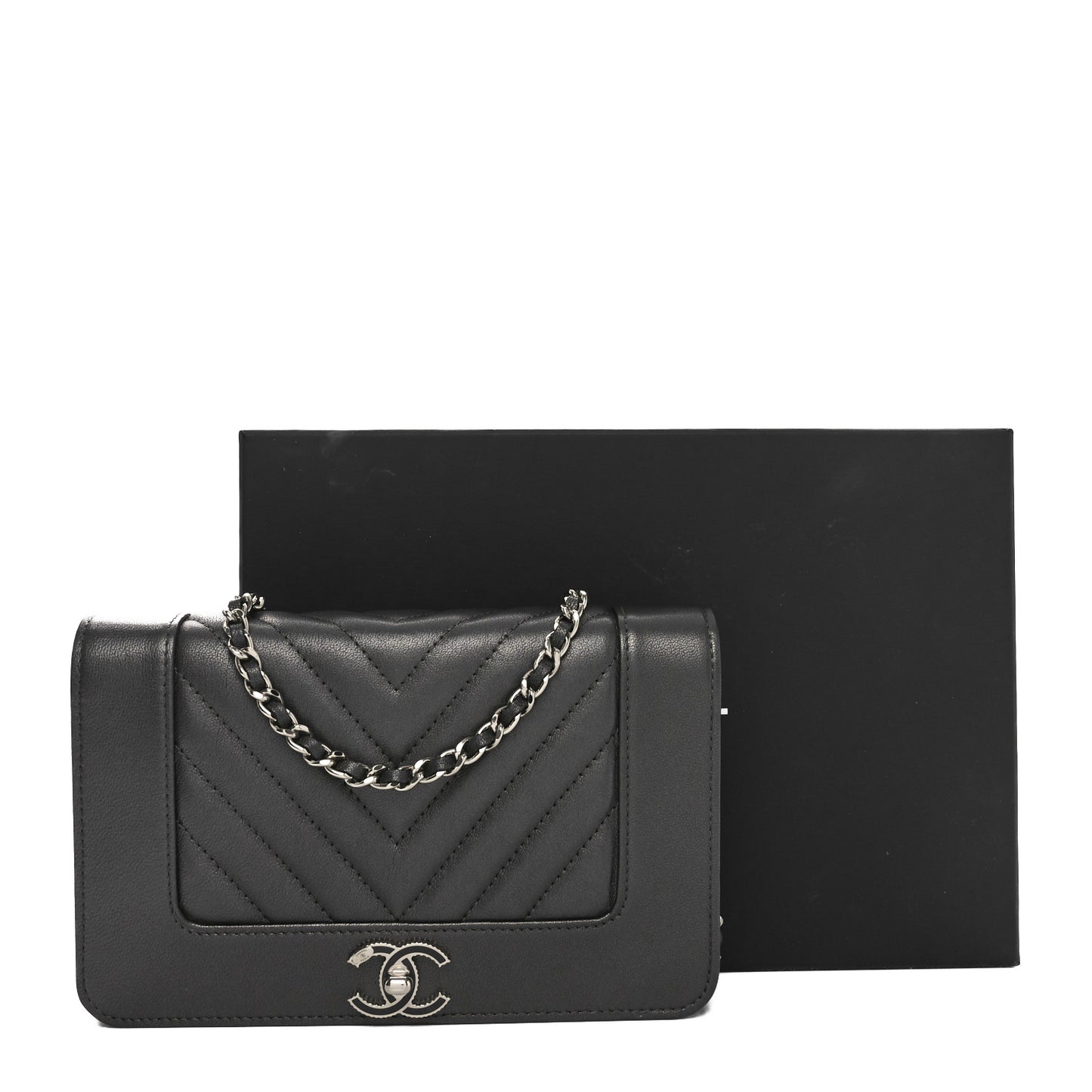 Metallic Goatskin Chevron Quilted Vintage Mademoiselle Wallet On Chain WOC Charcoal