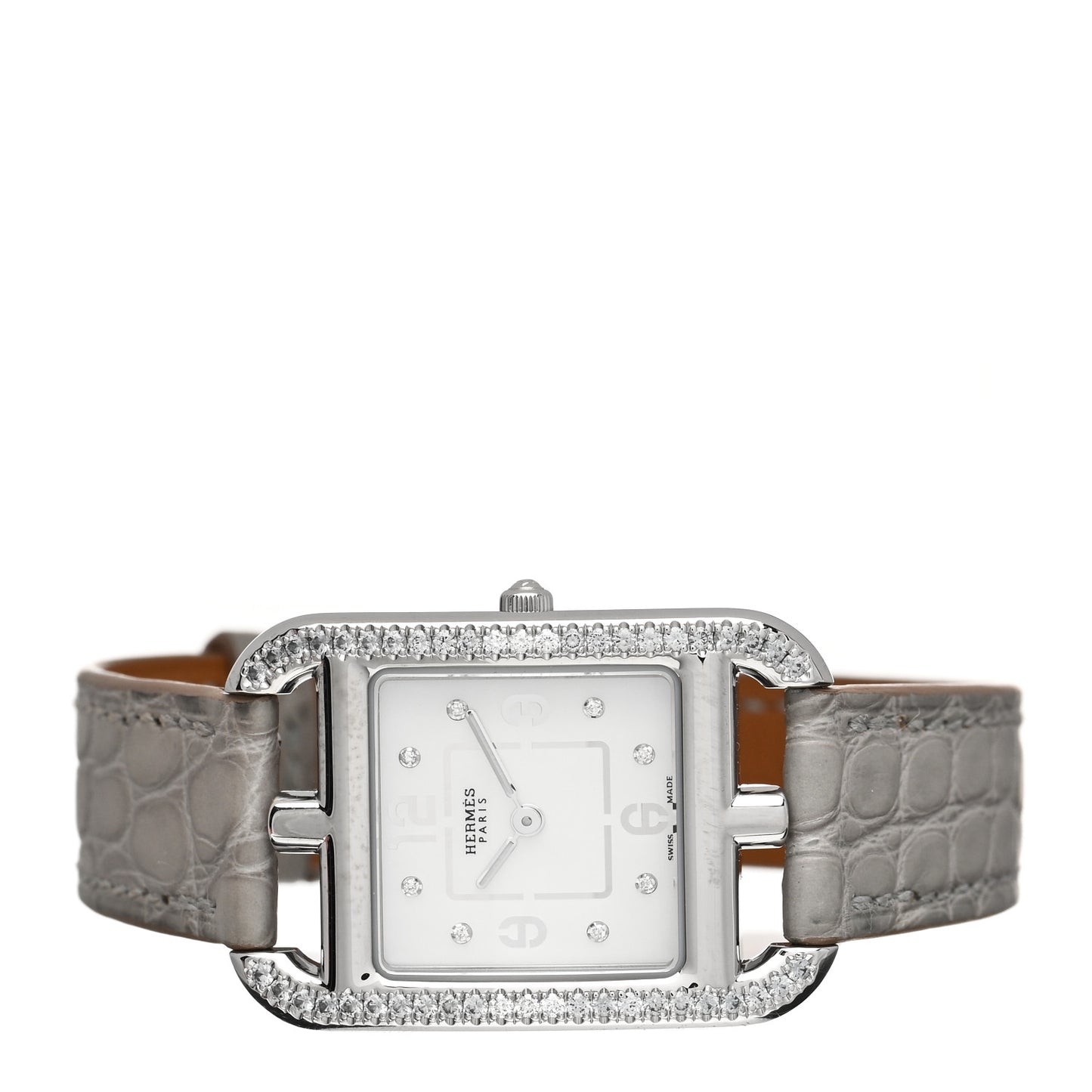 Stainless Steel Alligator Diamond Bezel Grey Sapphire Mother of Pearl 23mm Cape Cod Quartz Watch Gris Perle