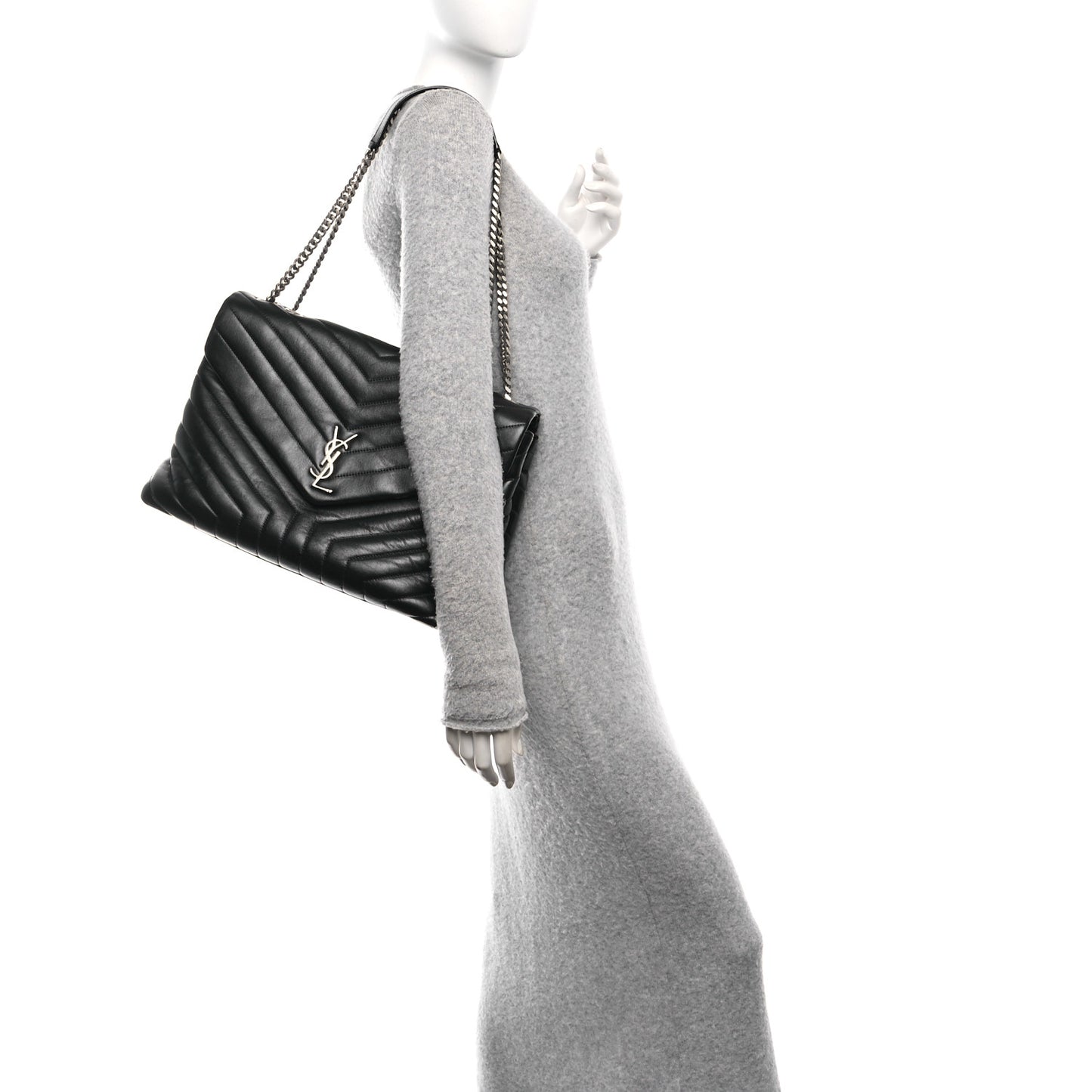 Calfskin Y Quilted Monogram Large Loulou Chain Satchel Black