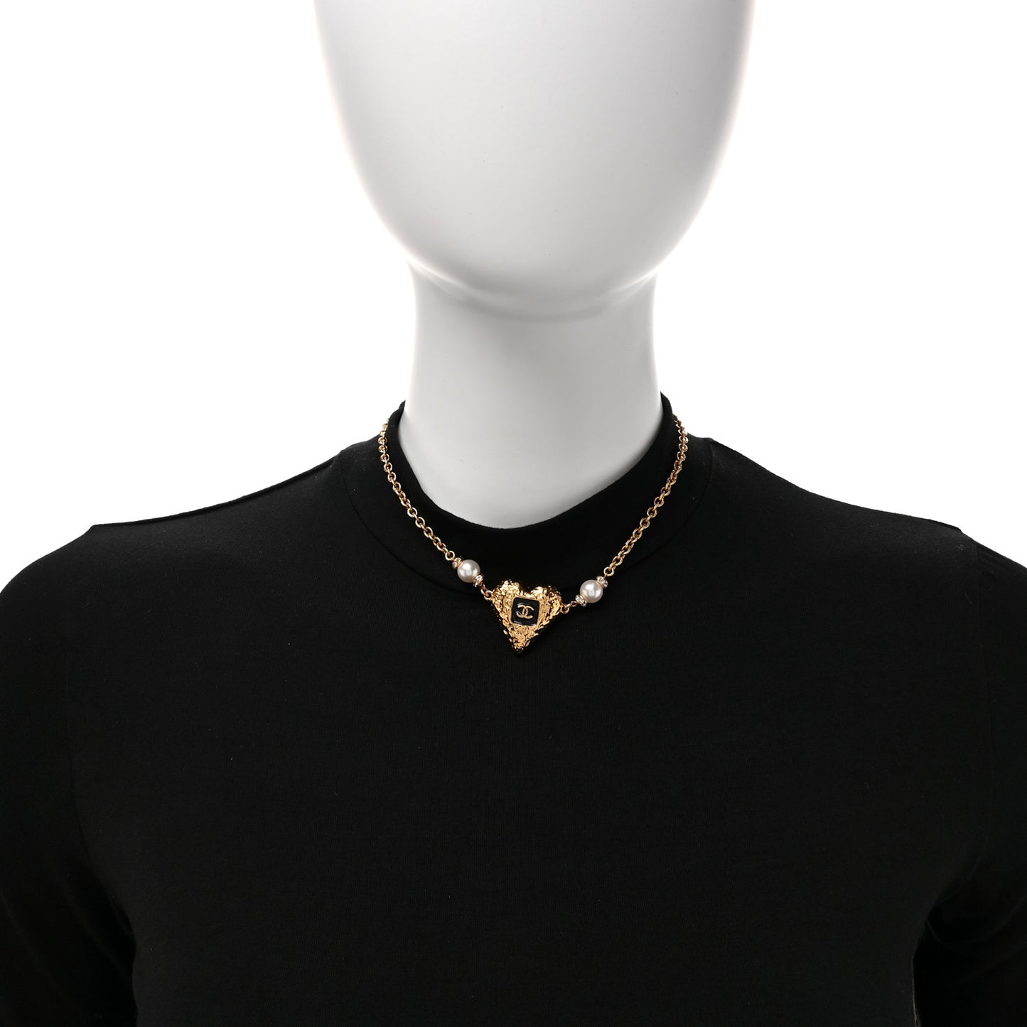Resin Crystal Pearl Chain Heart CC Pendant Necklace Black White Gold