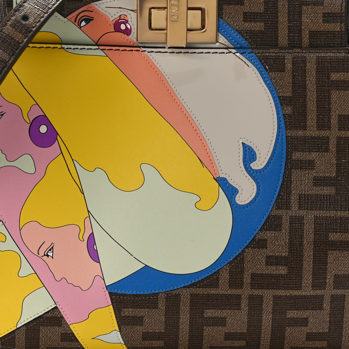 Glazed Fabric Vitello FF 1974 Hairdo Girls Inlay Mini Peekaboo Iconic Satchel Mogano Panna Multicolor