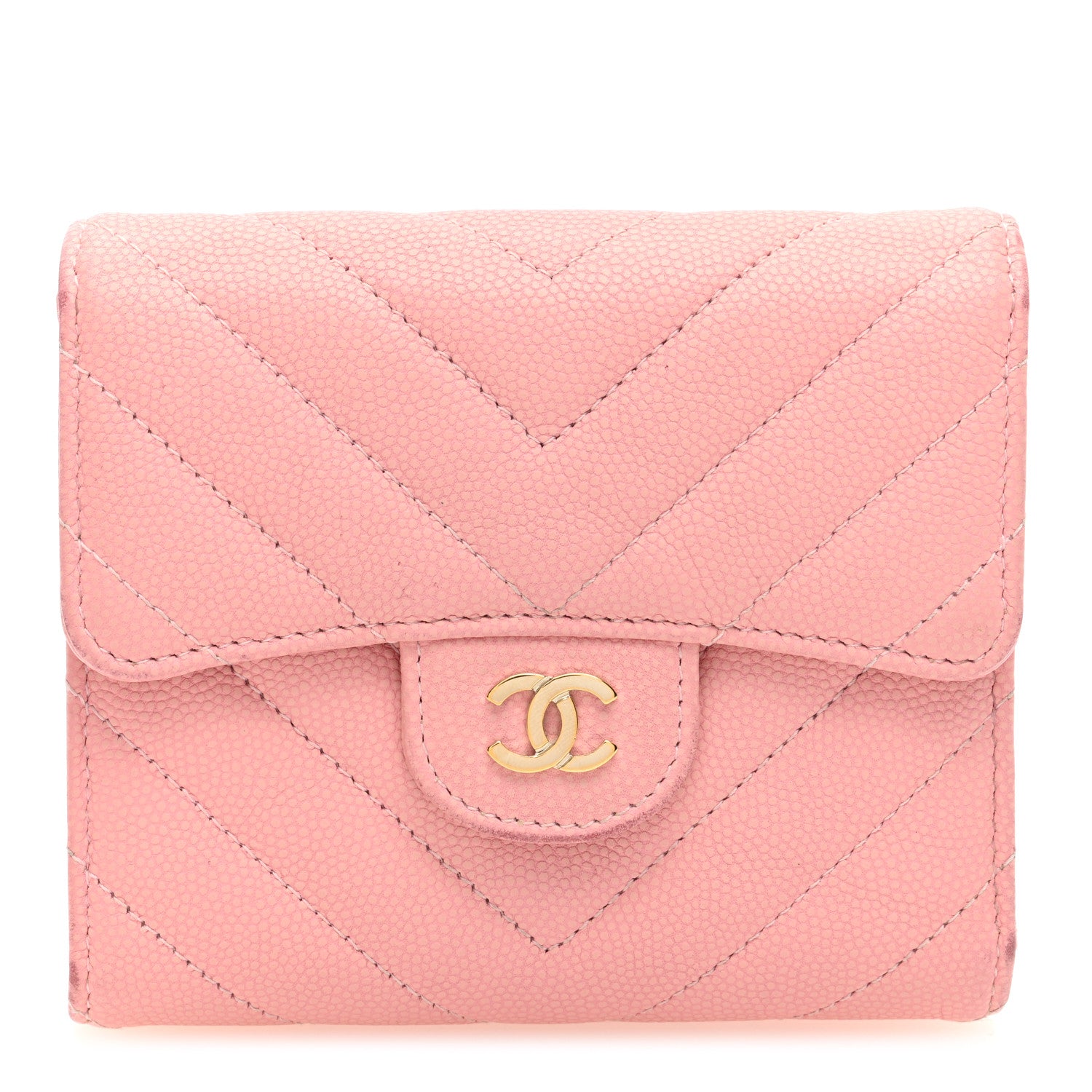 Chanel Caviar Flat Chevron Quilted Compact Flap Wallet Pink 1 of 8