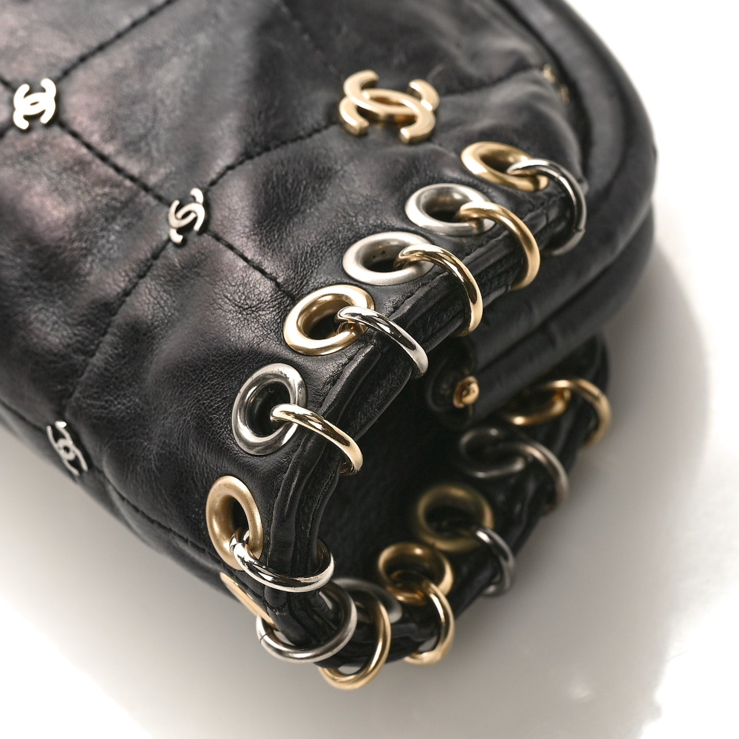 Calfskin Square Quilted Grommet Embellished Piercing Chic Clutch Black