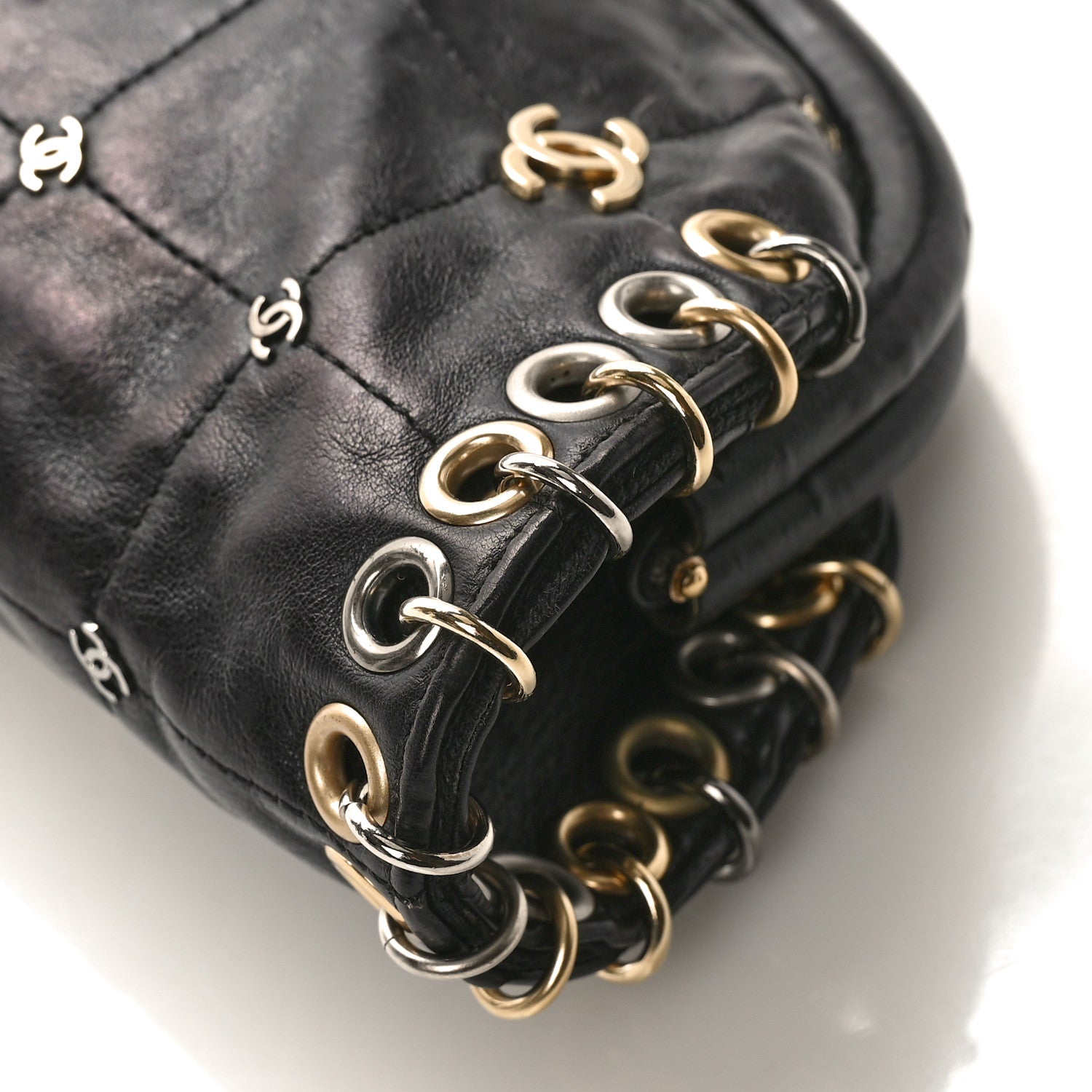 Chanel Calfskin Square Quilted Grommet Embellished Piercing Chic Clutch Black 9 of 9