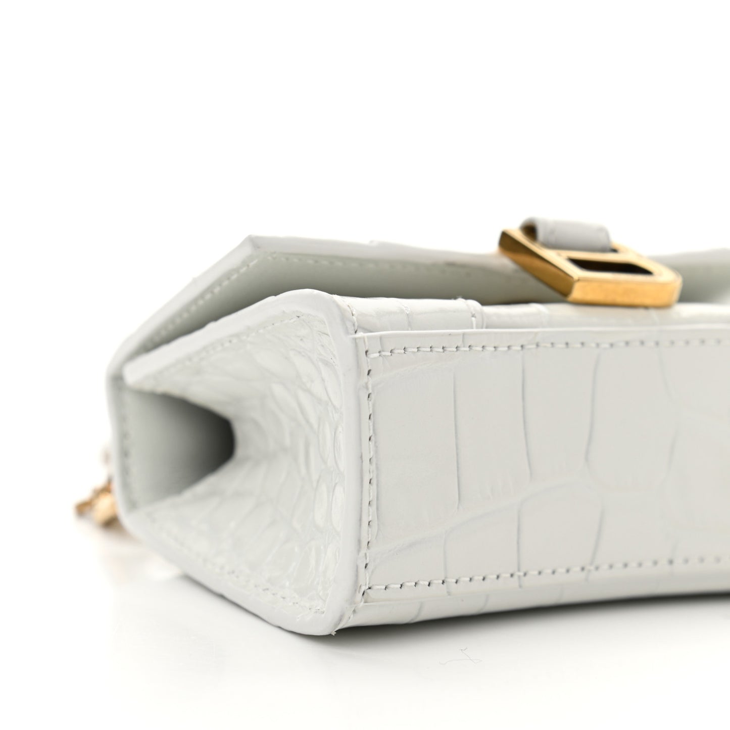 Shiny Calfskin Crocodile Embossed Hourglass Top Handle Bag Mini with Chain White