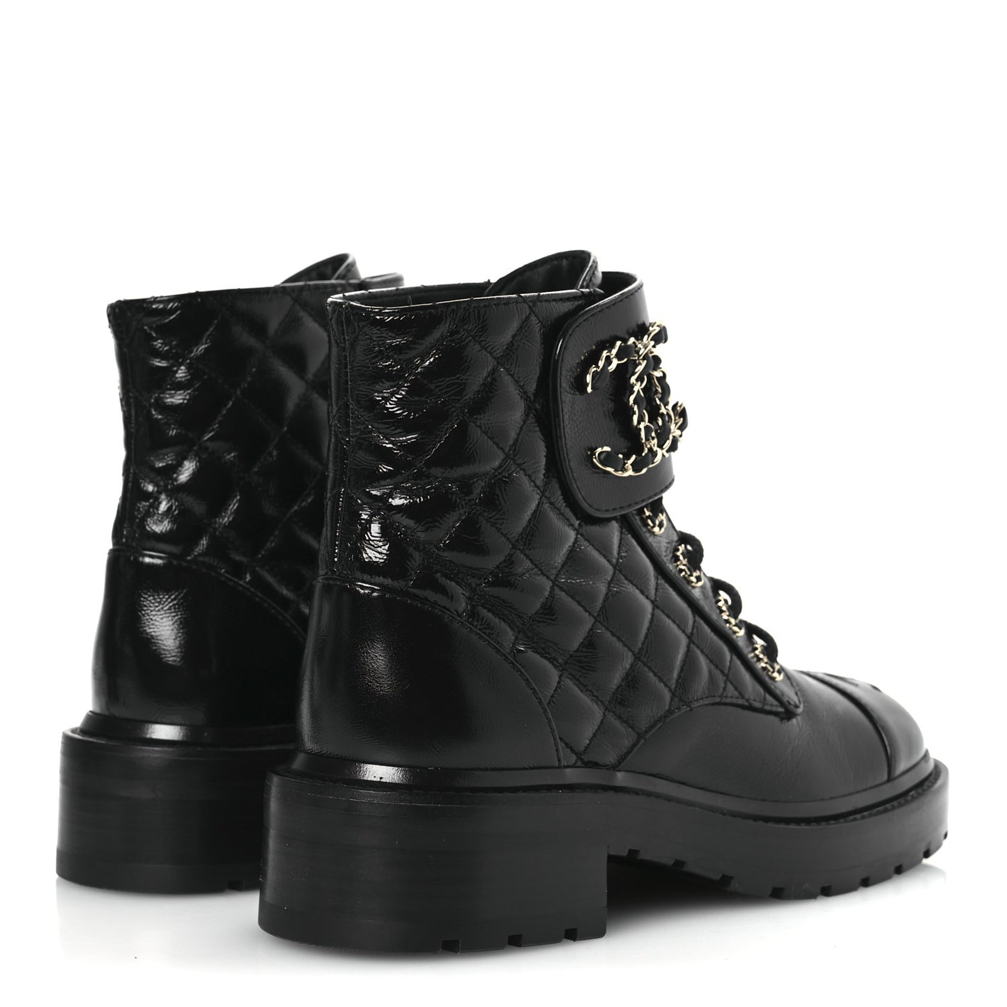 Shiny Calfskin Quilted Lace Up Combat Boots 36 Black