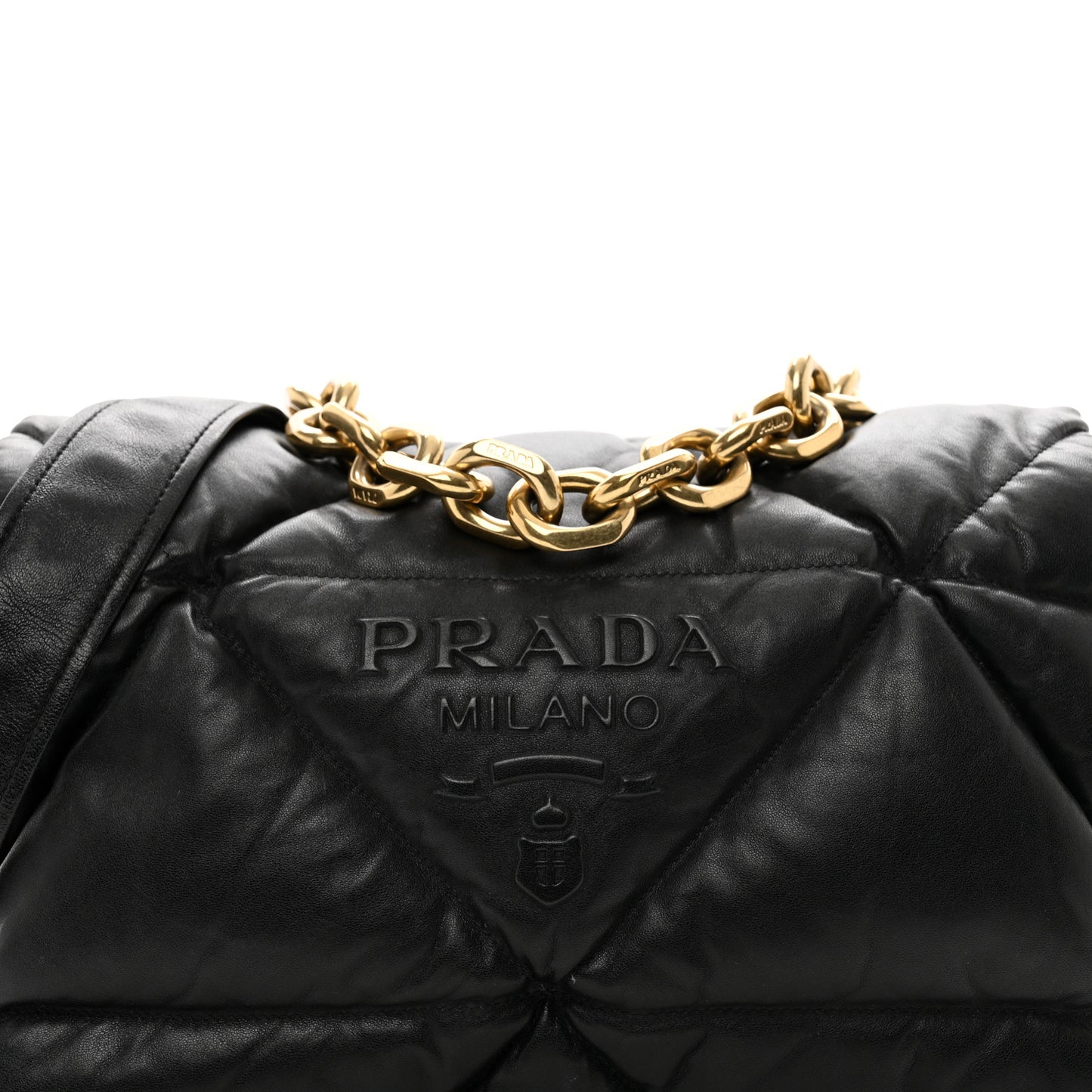 Nappa Soft Padded Logo Embossed Triangle Quilted Shoulder Bag Black
