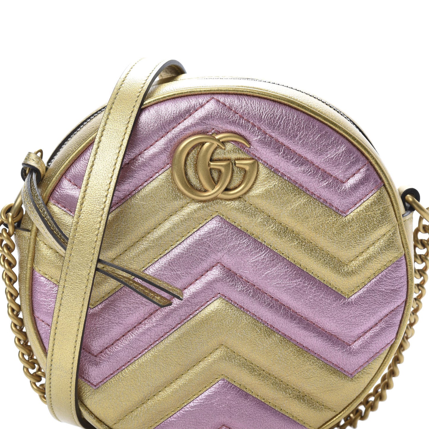 Metallic Calfskin Matelasse Mini GG Marmont Round Shoulder Bag Gold Pink
