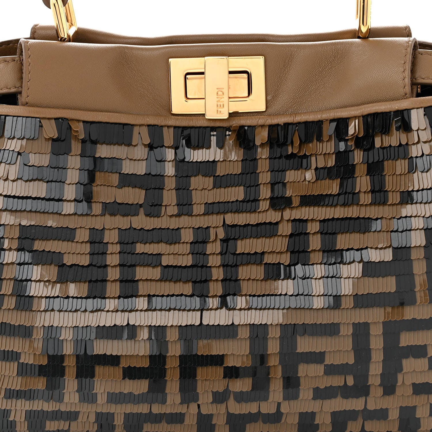 Fendi Vitello Catalan Mirror Sequin FF 1974 Embroidered Mini Peekaboo Iconic Satchel Tobacco Moro Sand Black 7 of 11