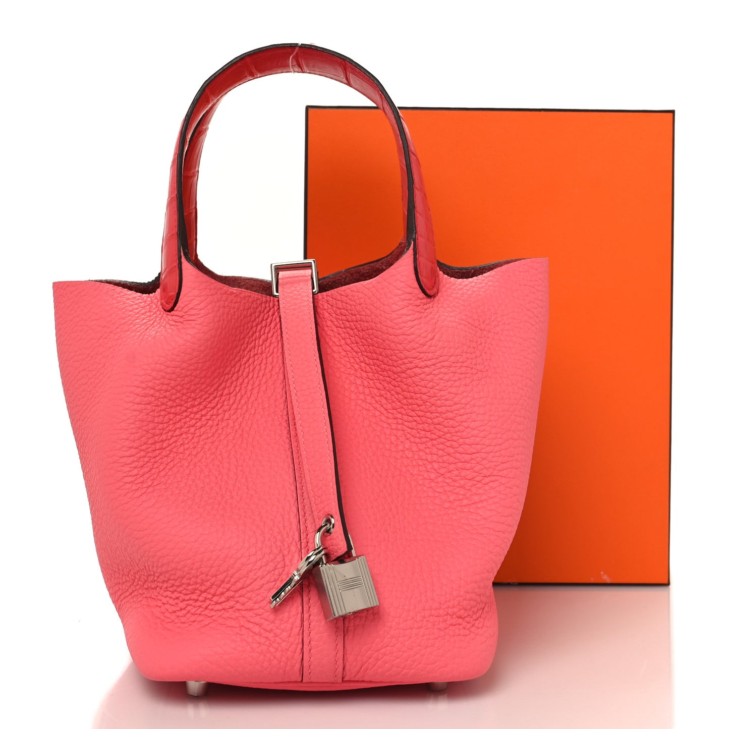 Taurillon Clemence Matte Alligator Picotin Lock Touch 18 PM Rose Azalee Bougainvillier