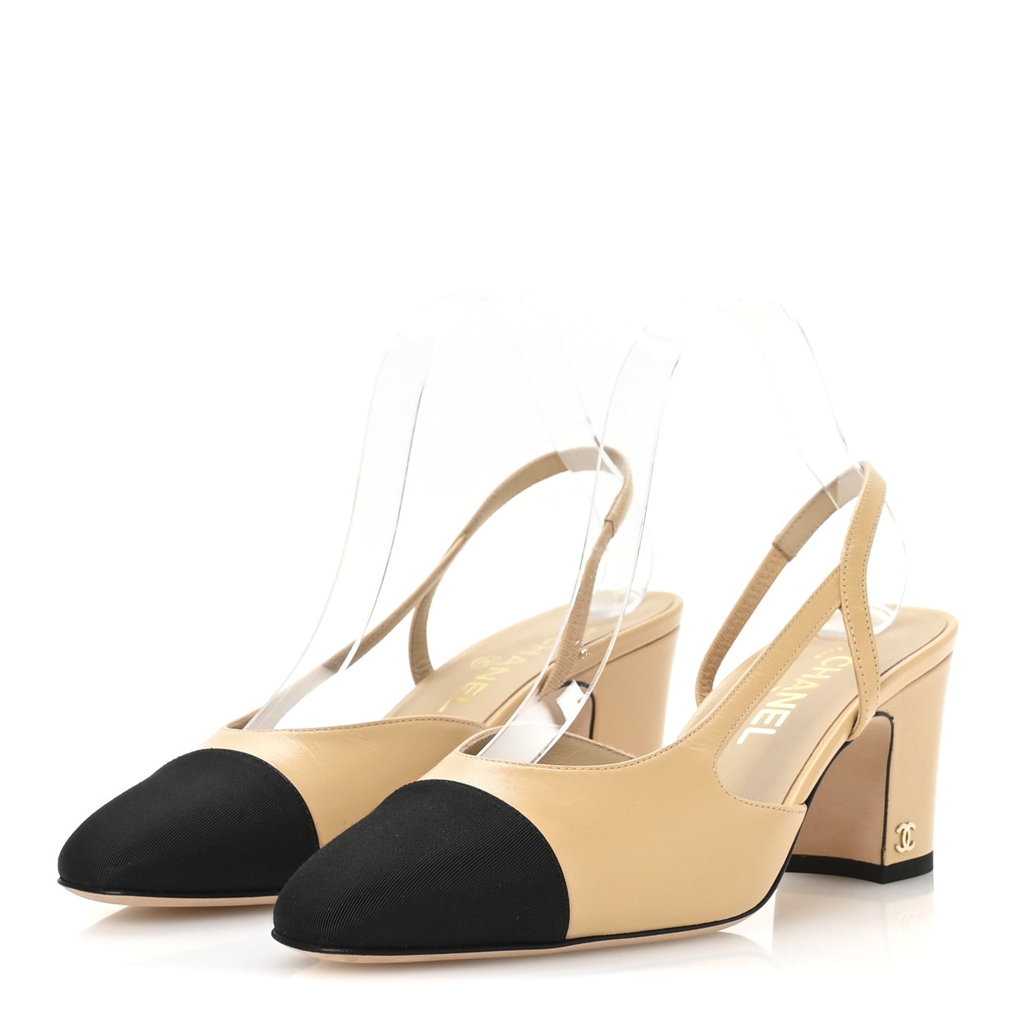 Goatskin Grosgrain Cap Toe CC Slingback Pumps 39 Beige Black