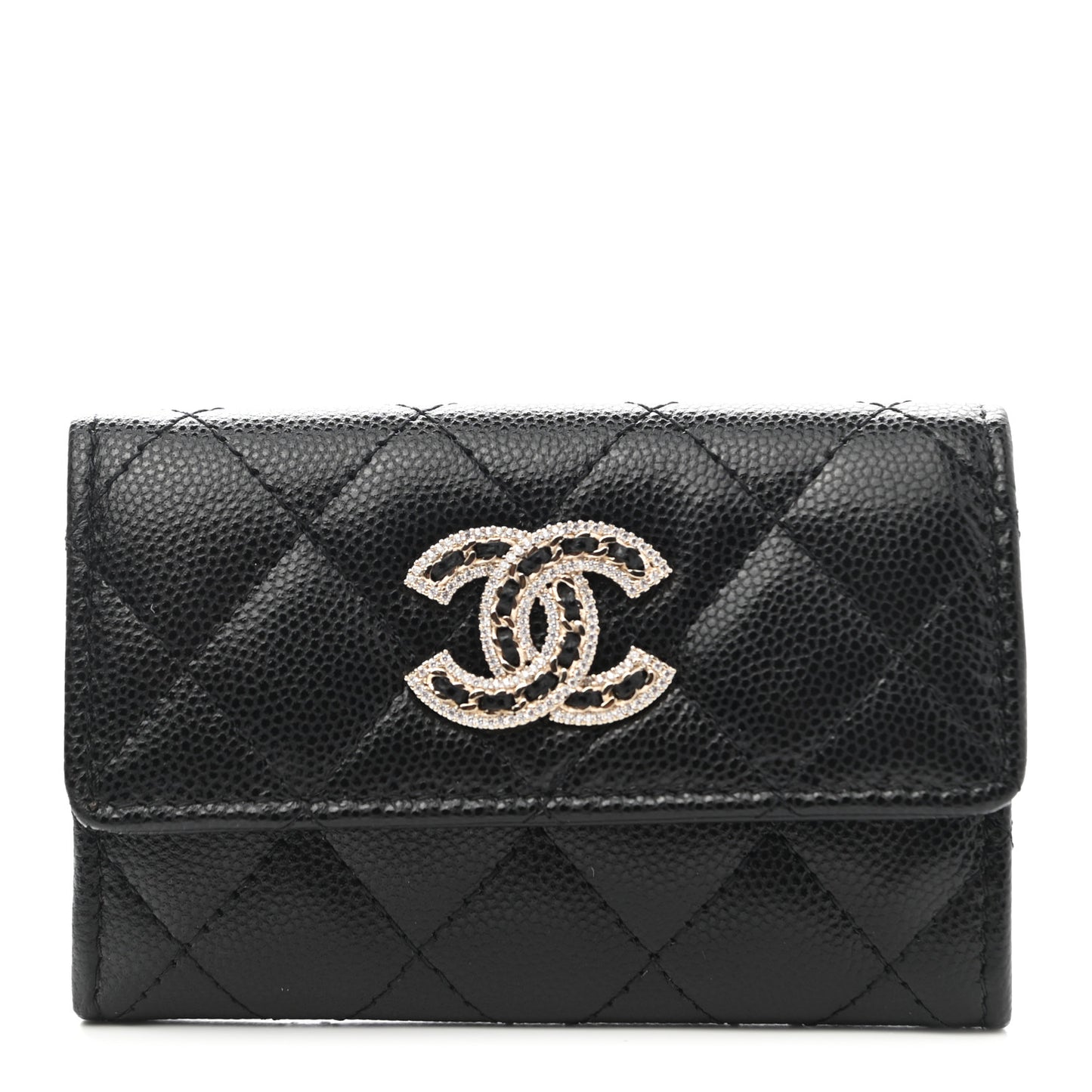 Caviar Quilted Crystal CC Flap Card Holder Black