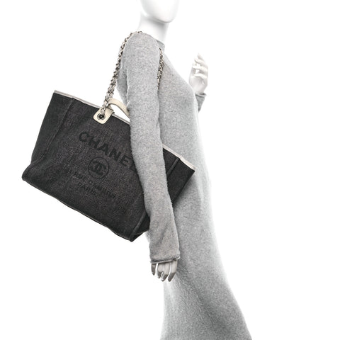 Woven Straw Raffia Large Deauville Tote Black White