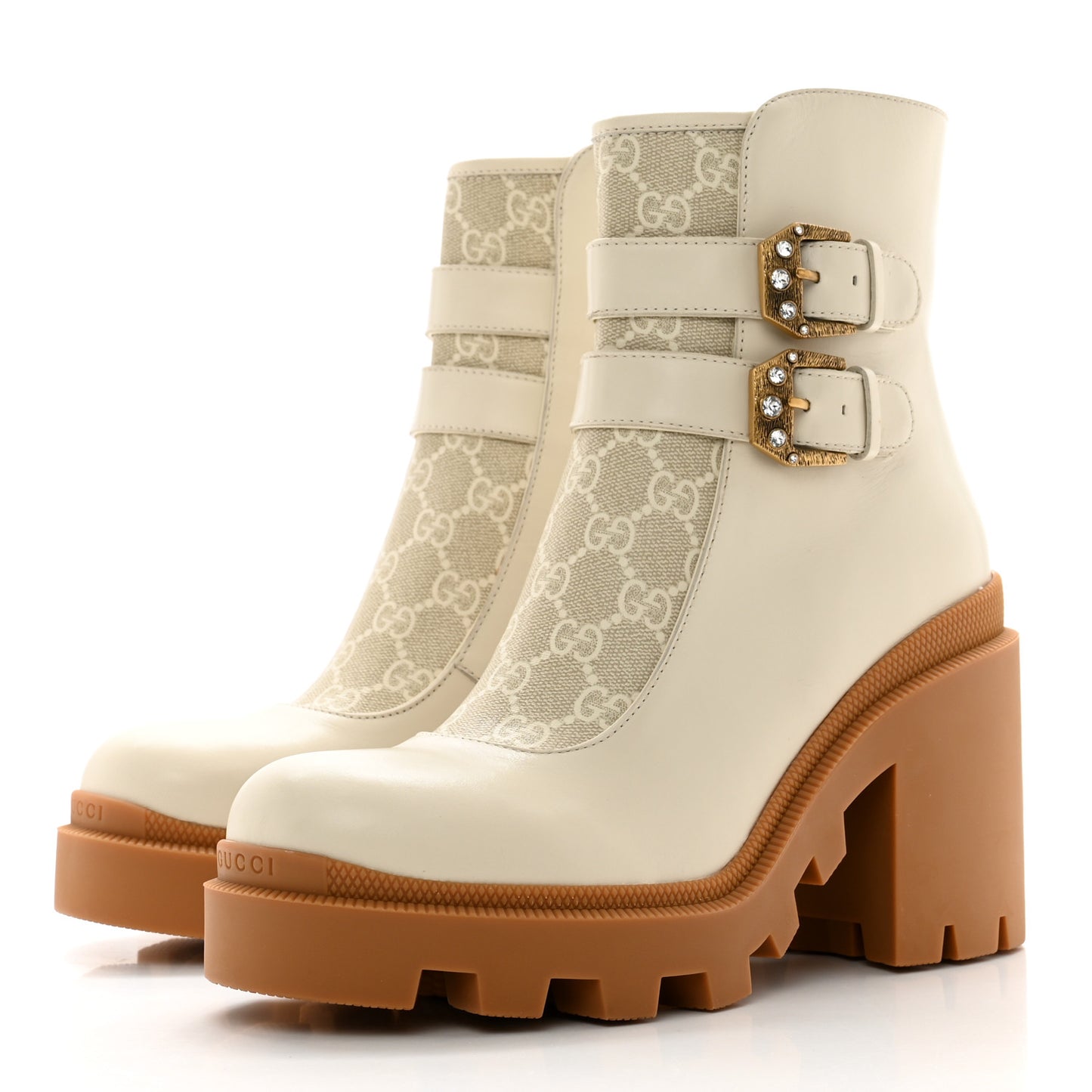 Kensington Calfskin Nappa GG Supreme Monogram Womens Double Buckle Ankle Boots 39 Mystic White Beige
