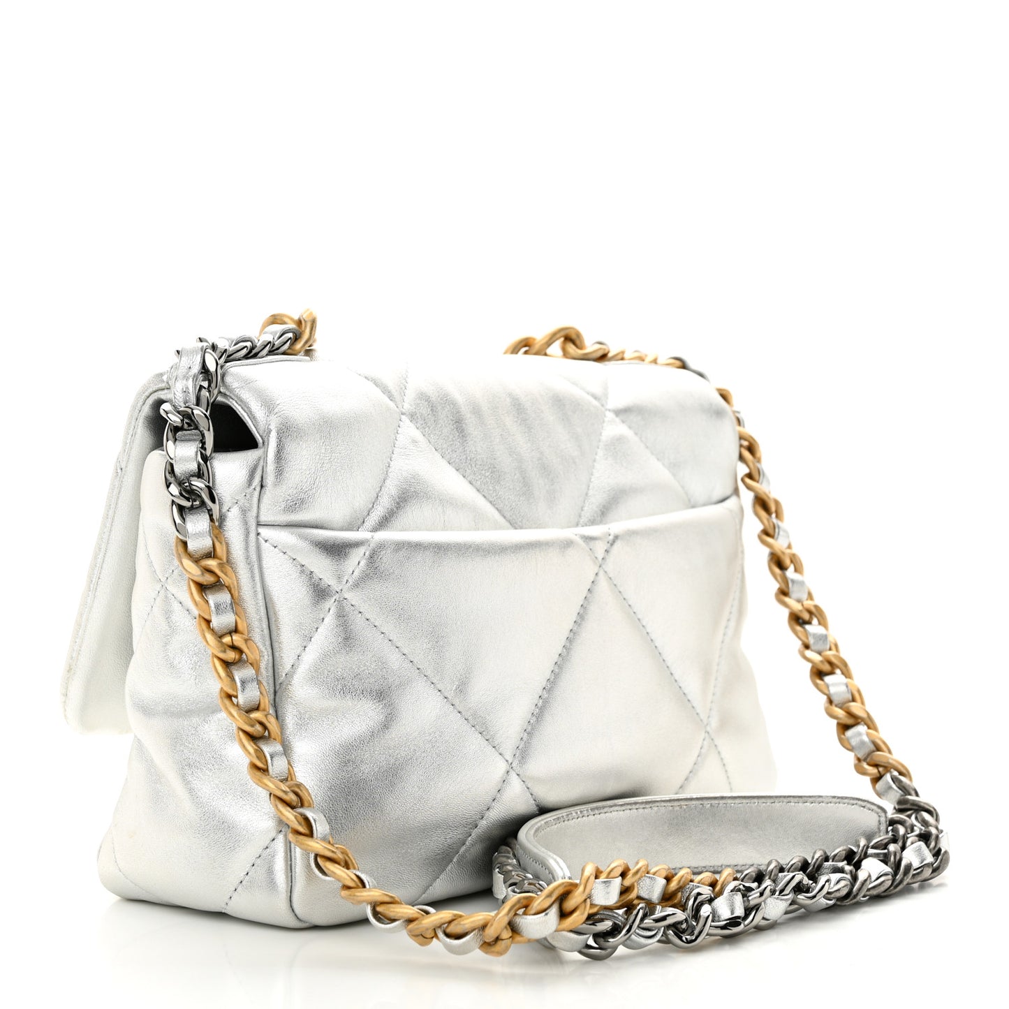Metallic Goatskin Quilted Medium Chanel 19 Flap Silver