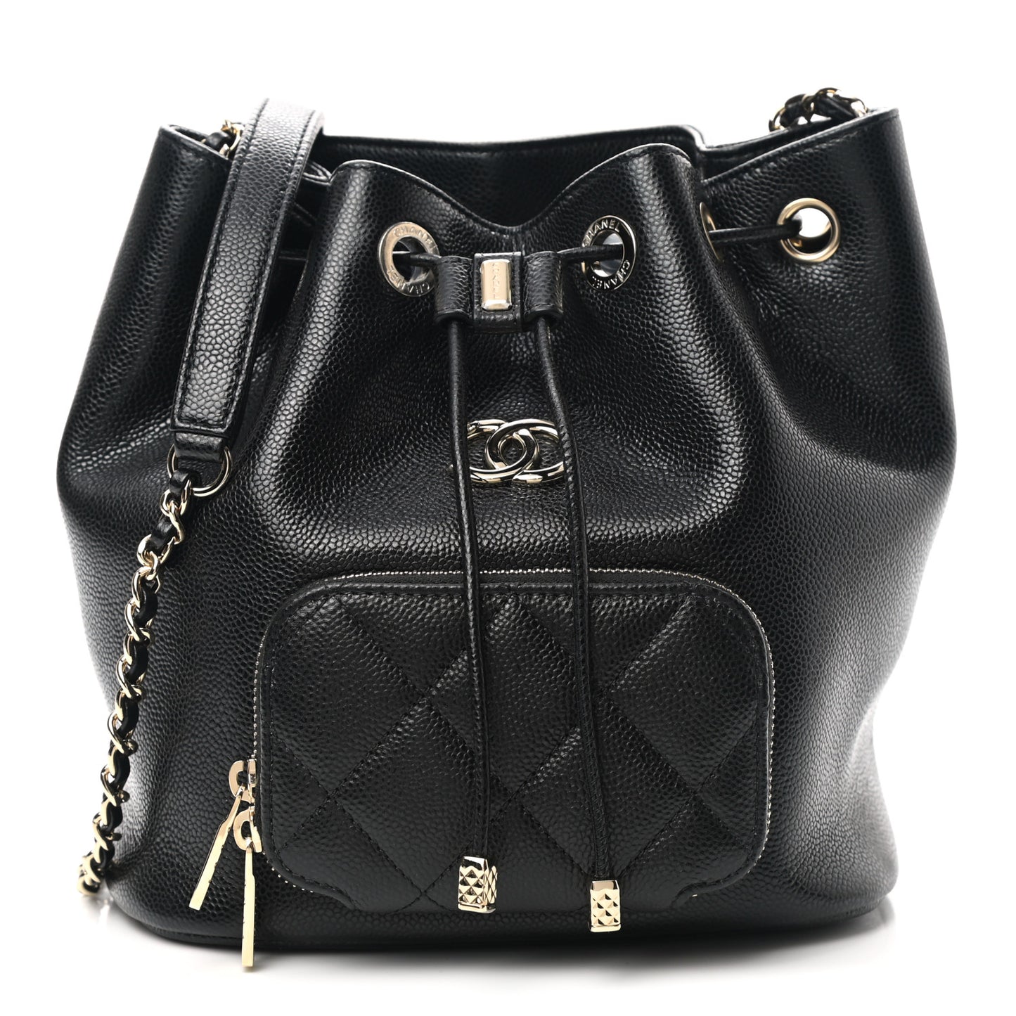 Caviar Quilted CC Pocket Bucket Bag Black