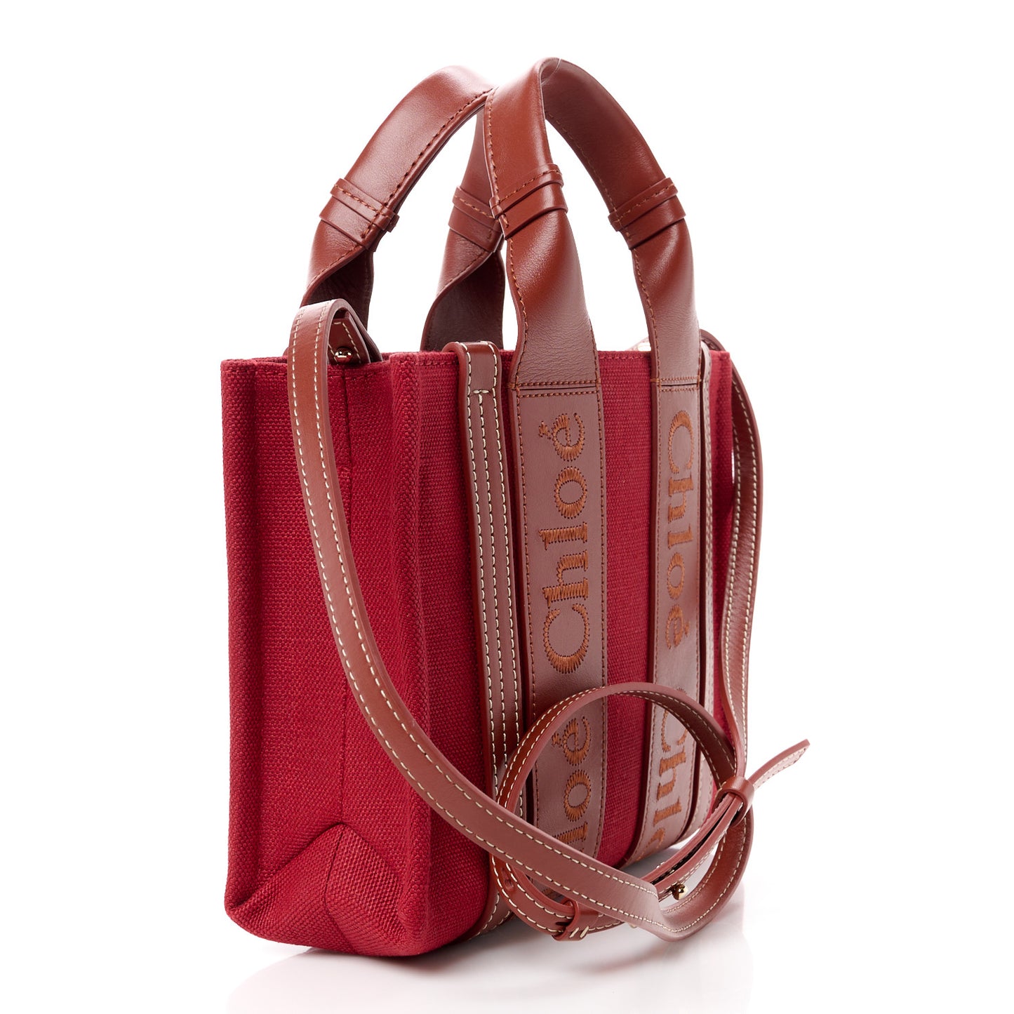 Cotton Calfskin Small Woody Ribbon Tote With Strap Dark Red