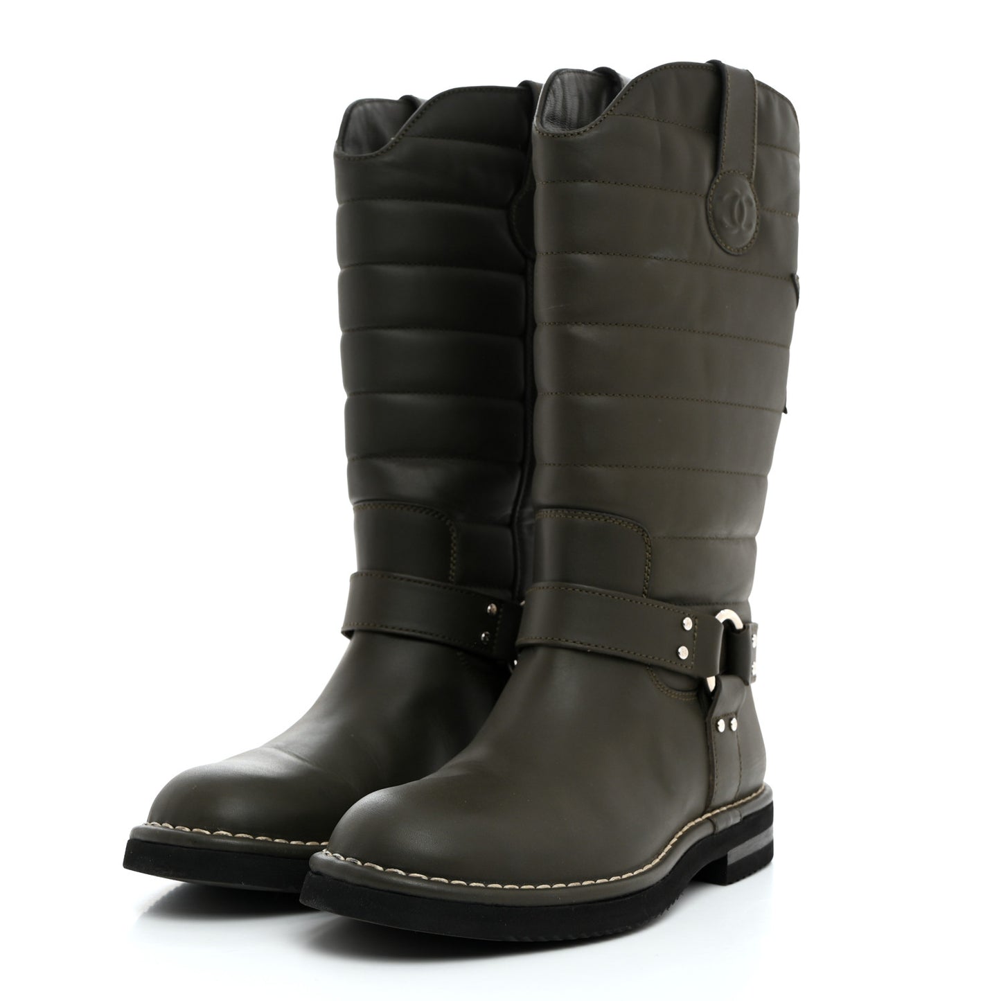 Oily Calfskin Star Quilted Biker Boots 37 Khaki