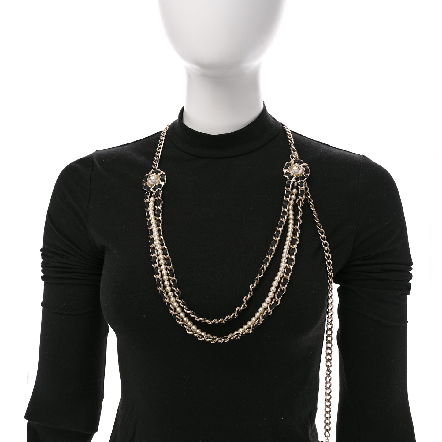 Pearl Lambskin Chain CC Multi Strand Necklace Gold Black