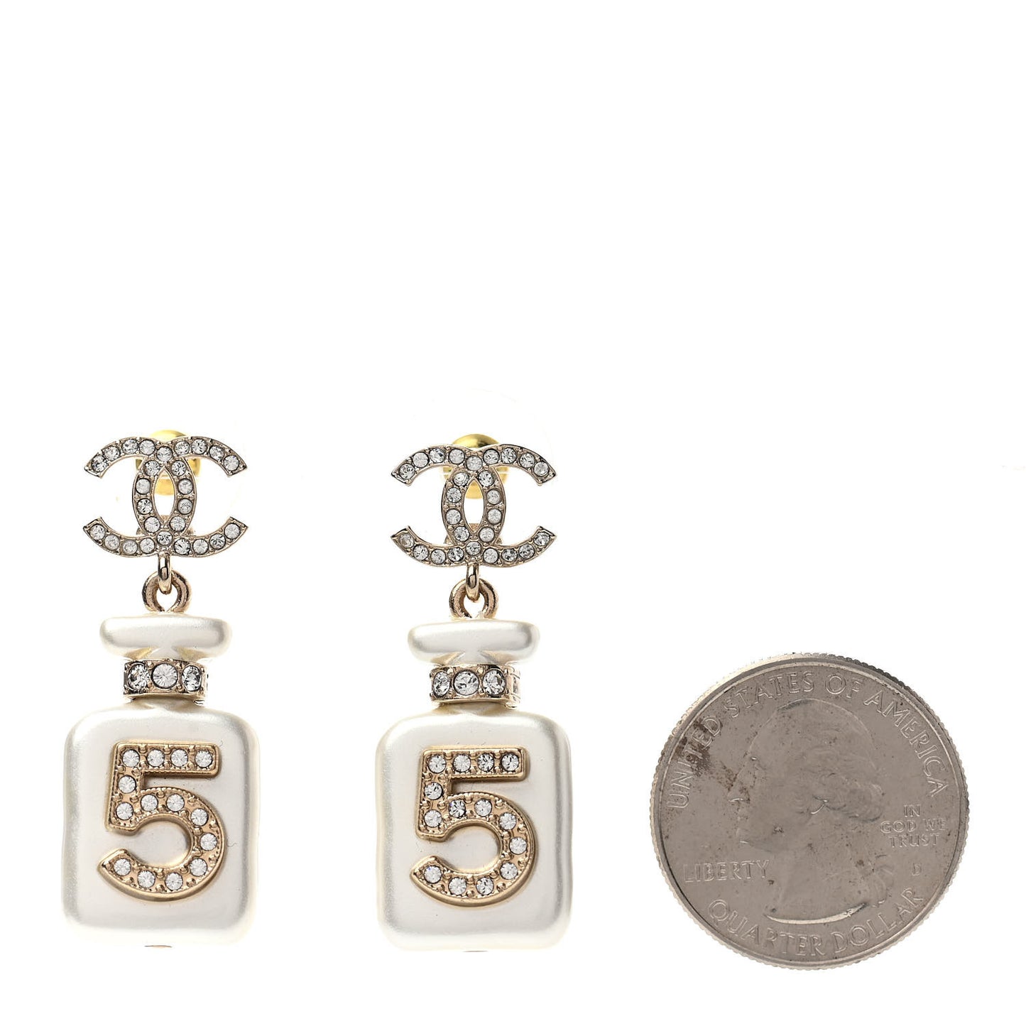 Pearl Resin Crystal CC No 5 Perfume Bottle Drop Earrings Gold Pearly White