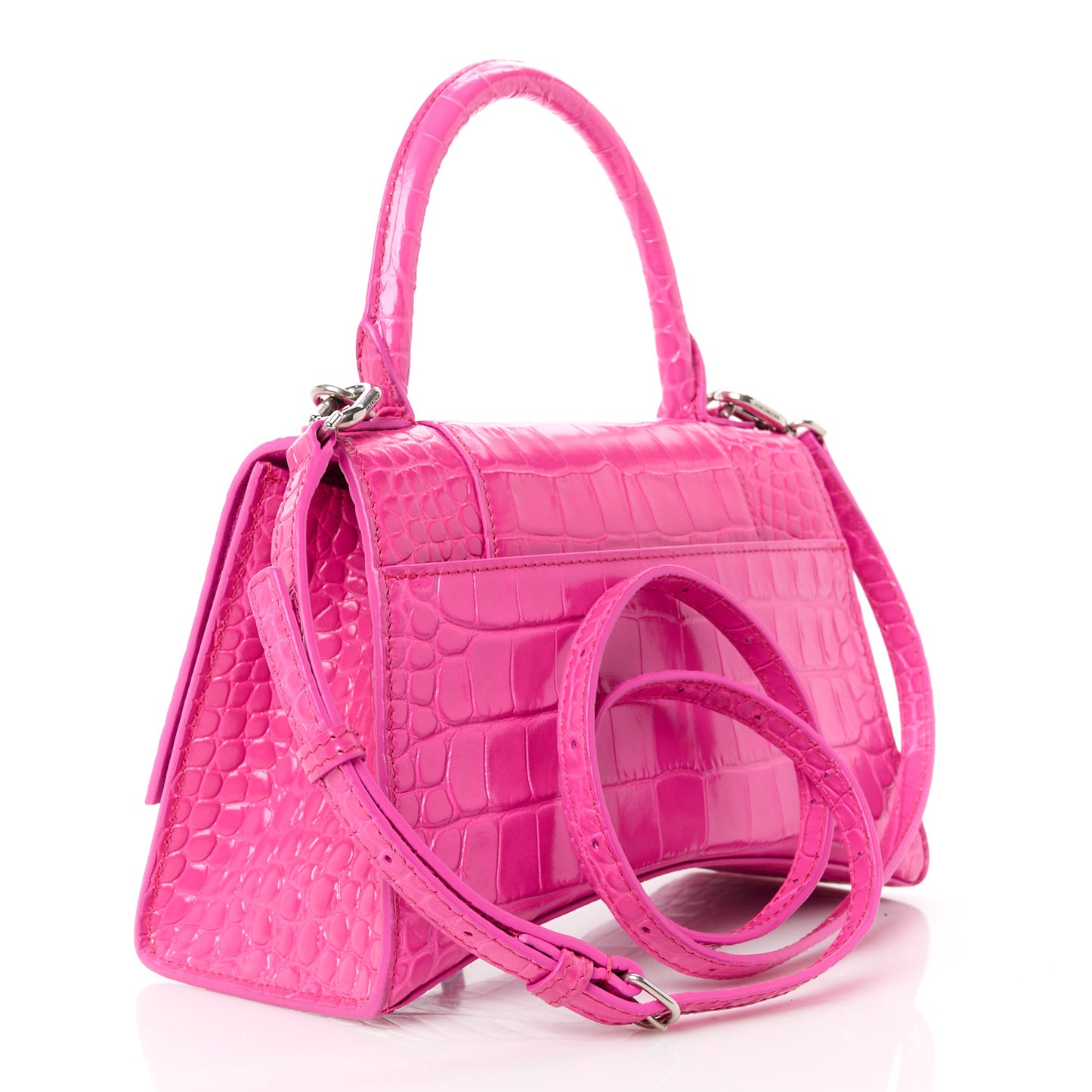 Shiny Calfskin Crocodile Embossed Small Hourglass Top Handle Bag Fuchsia