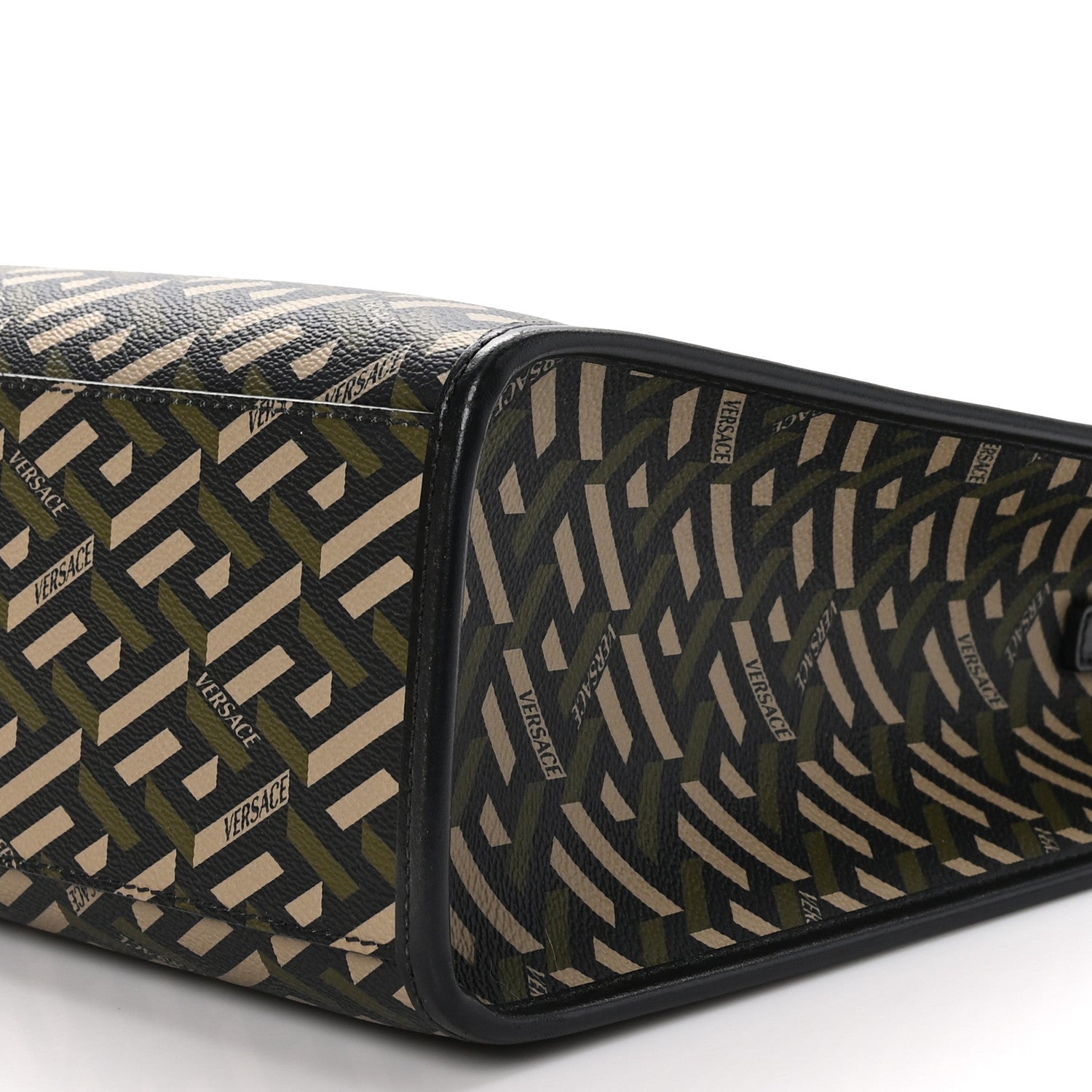 Versace Coated Canvas Calfskin La Greca Signature Tote Bag Black Khaki 9 of 9